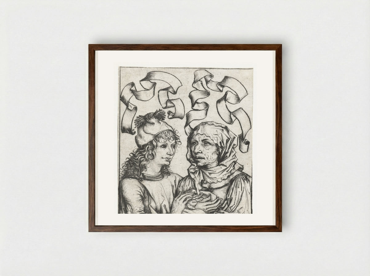 Young Man and Old Woman - Master of the Amsterdam Cabinet - Framed Print Dark Wood