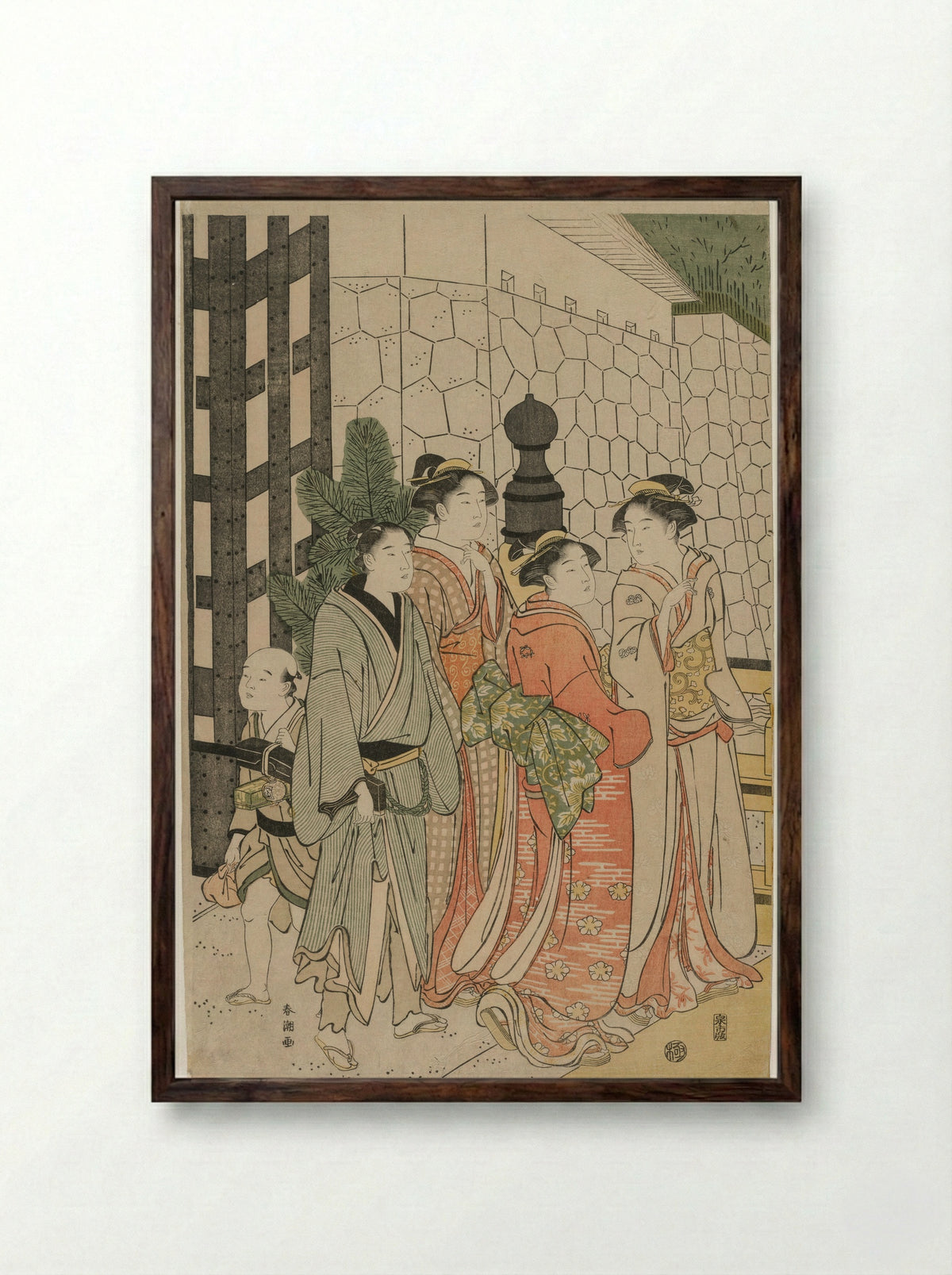 Young Man and Women on Tokiwa Bridge - Katsukawa Shunchō - Framed Print Dark Wood