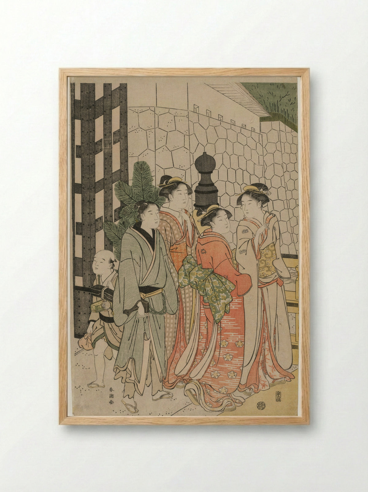 Young Man and Women on Tokiwa Bridge - Katsukawa Shunchō - Framed Print Wood