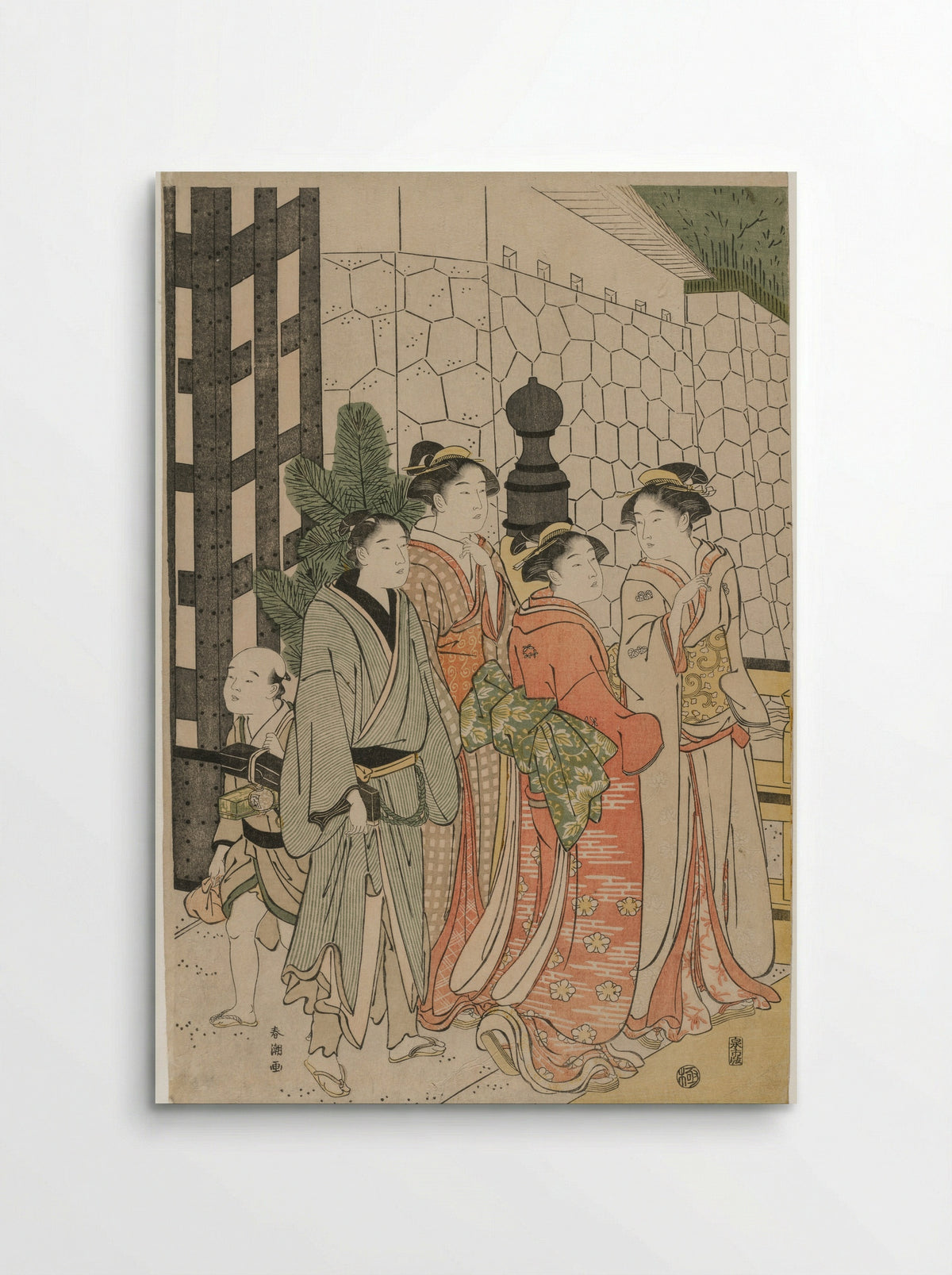 Young Man and Women on Tokiwa Bridge - Katsukawa Shunchō - Poster