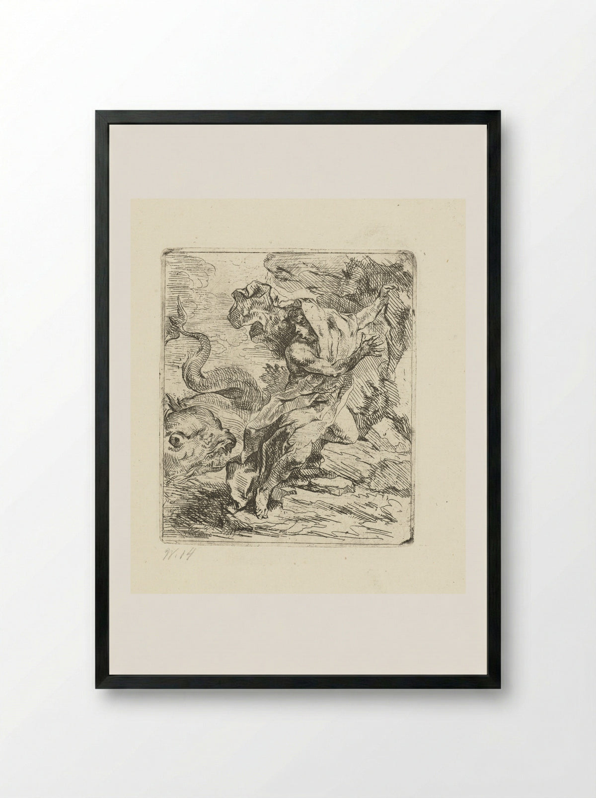 Young Man on the Coast Fleeing a Sea Monster - Louis de Deyster - Framed Print Black