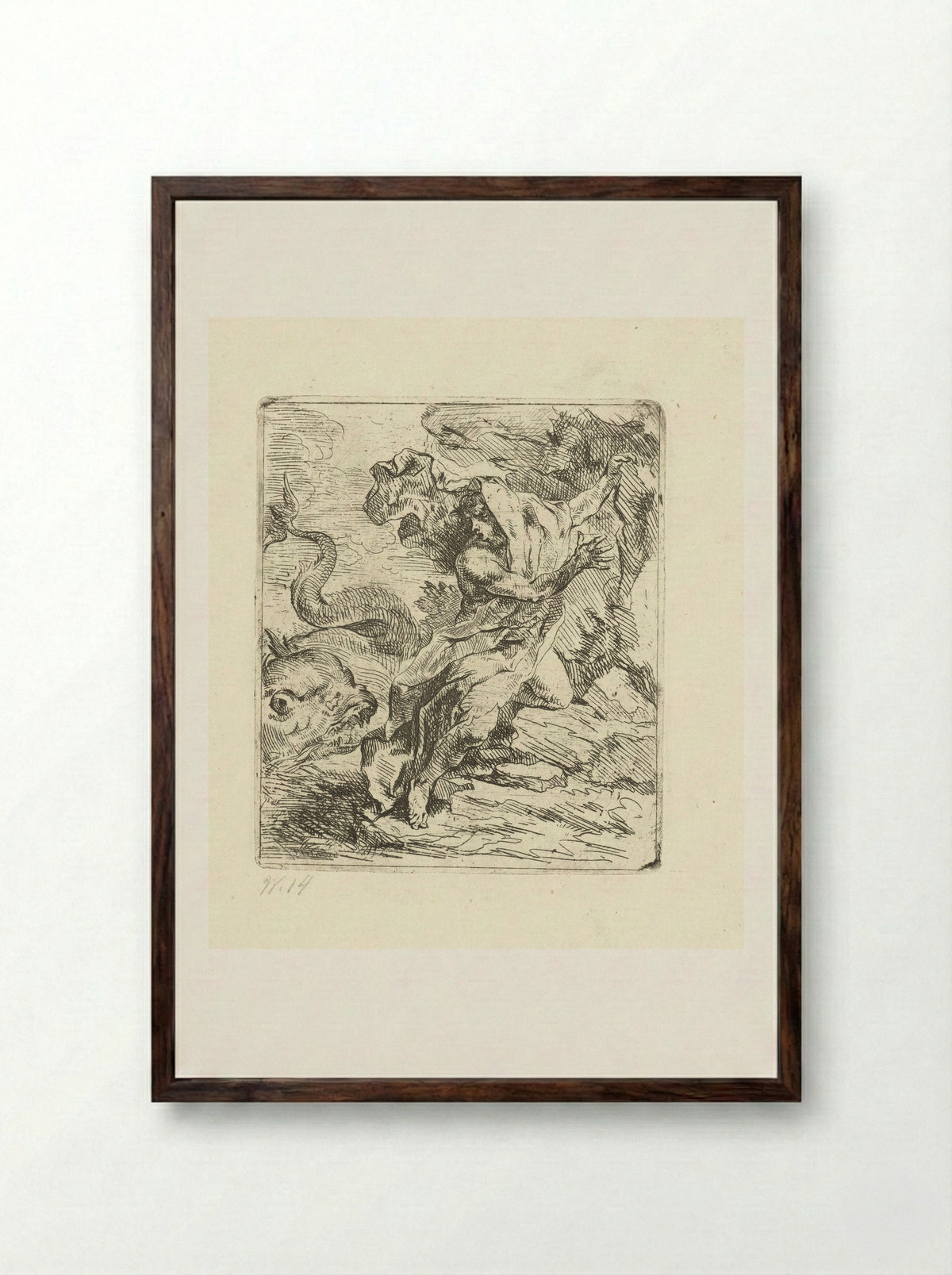Young Man on the Coast Fleeing a Sea Monster - Louis de Deyster - Framed Print Dark Wood