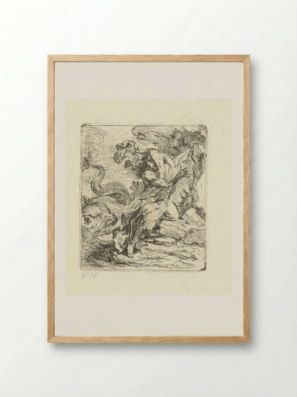 Young Man on the Coast Fleeing a Sea Monster - Louis de Deyster - Framed Print Wood