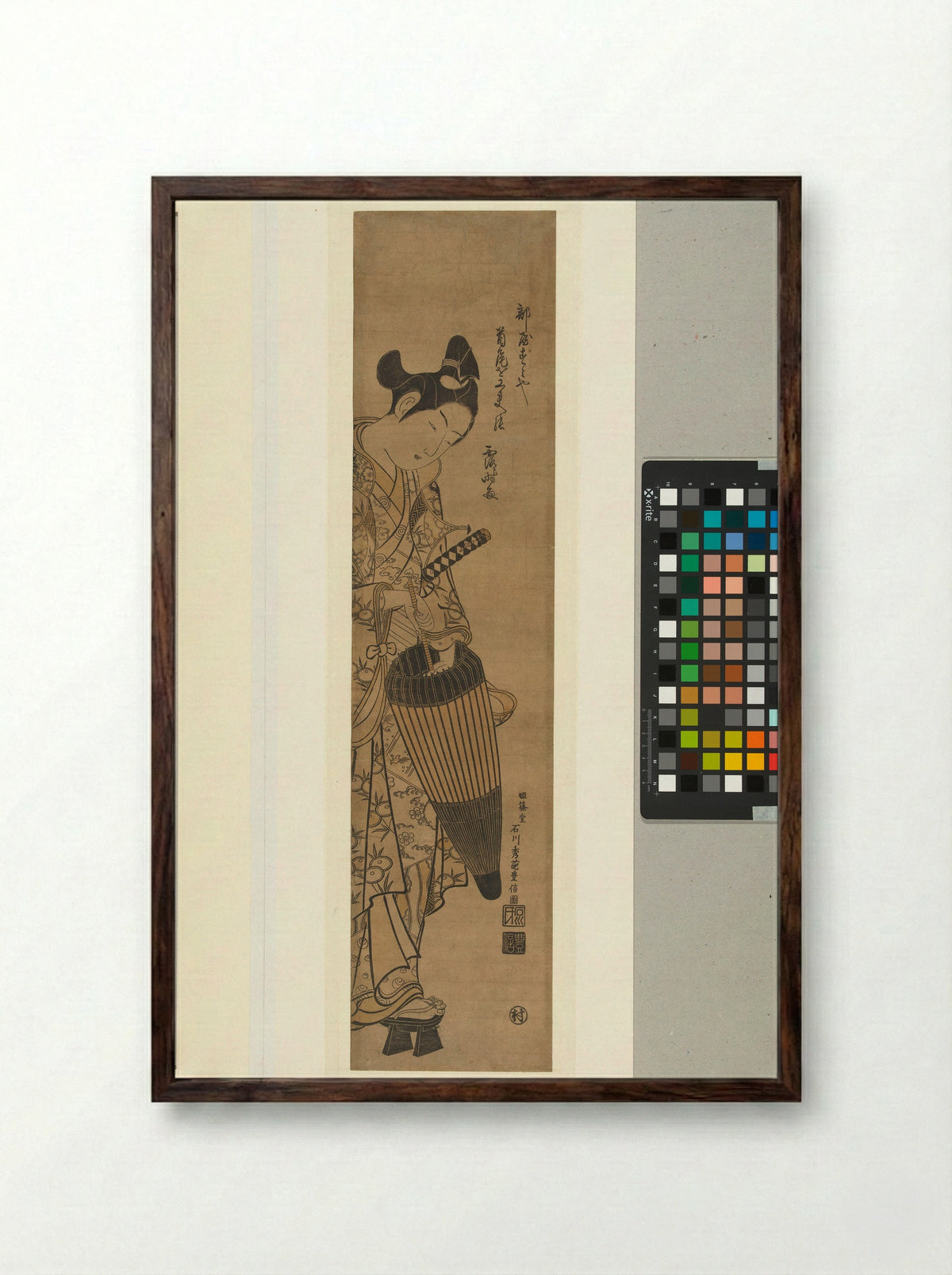 Young Man with Sword and Umbrella - Ishikawa Toyonobu - Framed Print Dark Wood