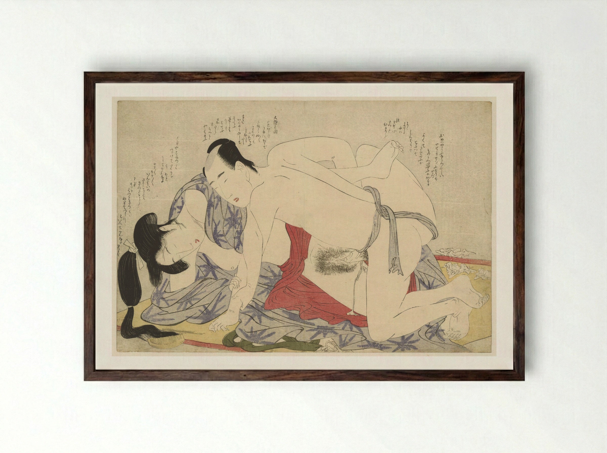 Young Married Couple on a Summer Sleeping Mat - Kitagawa Utamaro - Framed Print Dark Wood