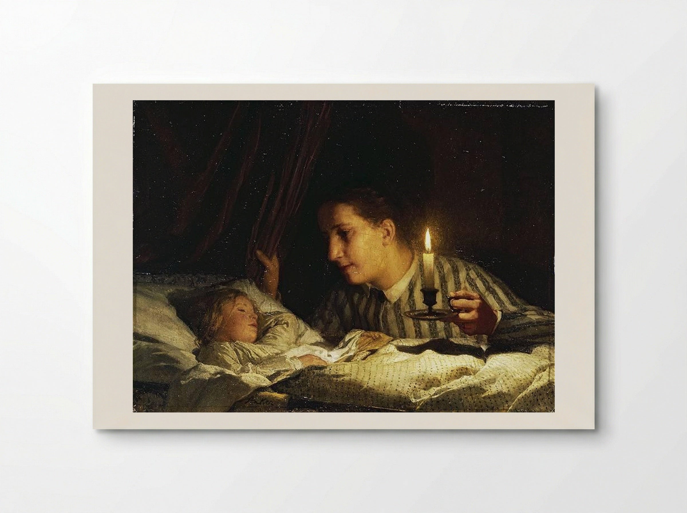 Young Mother Contemplating Her Sleeping Child in Candlelight - Albert Anker - Poster