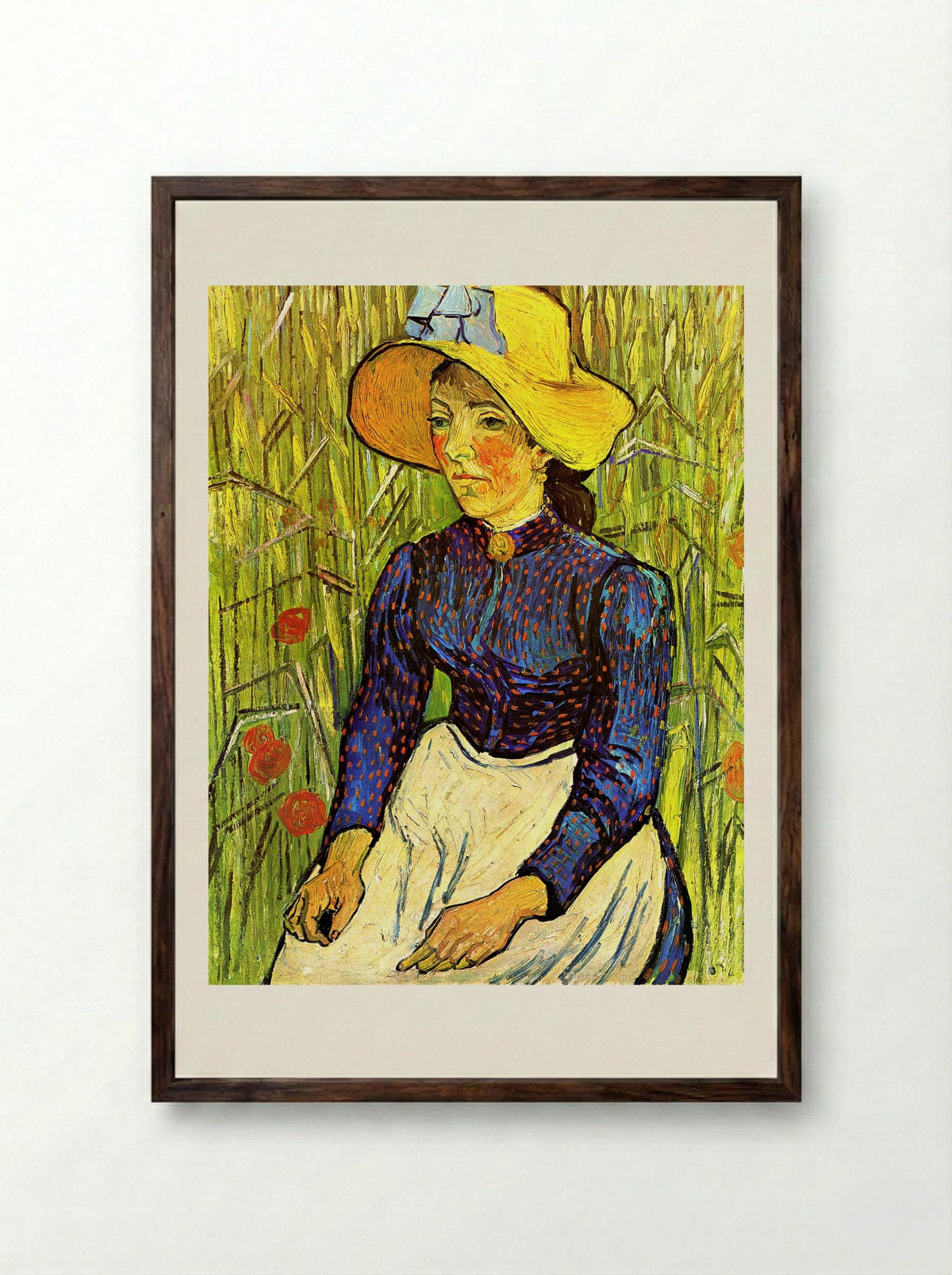 Young Peasant Woman with Straw Hat Sitting in Wheat - Vincent van Gogh - Framed Print Dark Wood