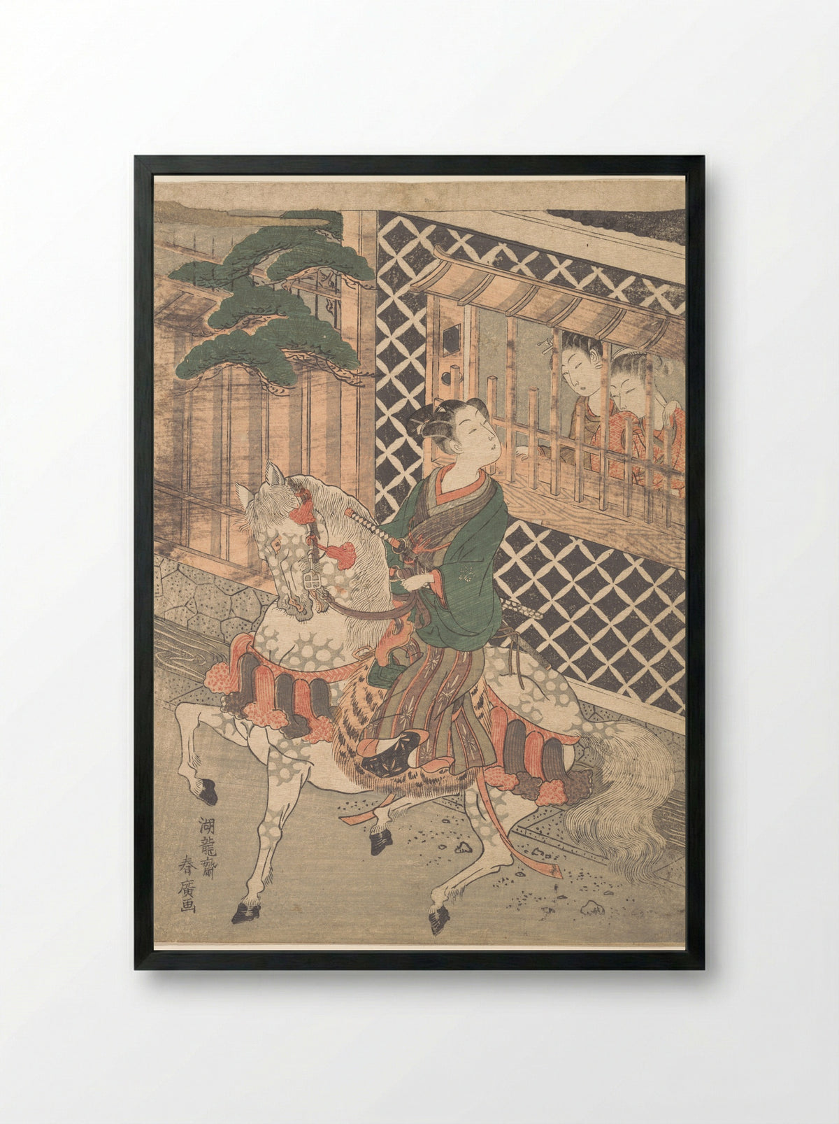 Young Samurai on Horseback and Women at a Window - Isoda Koryūsai - Framed Print Black