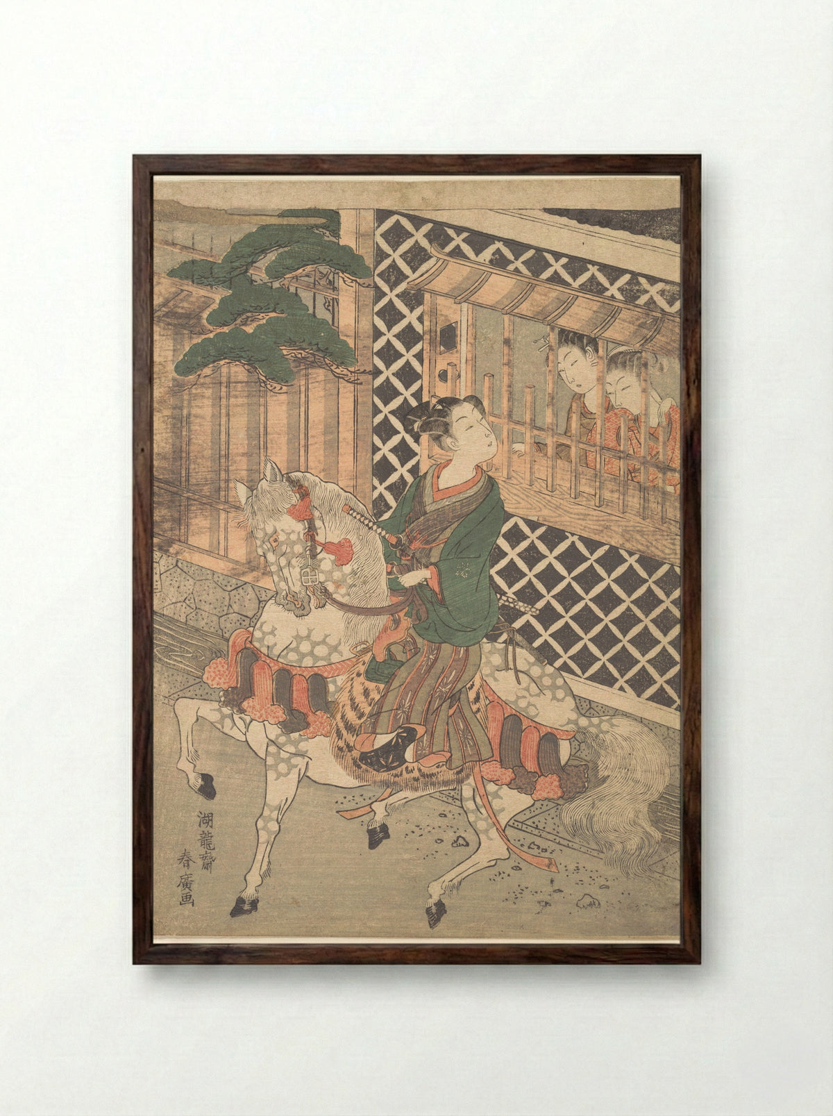 Young Samurai on Horseback and Women at a Window - Isoda Koryūsai - Framed Print Dark Wood