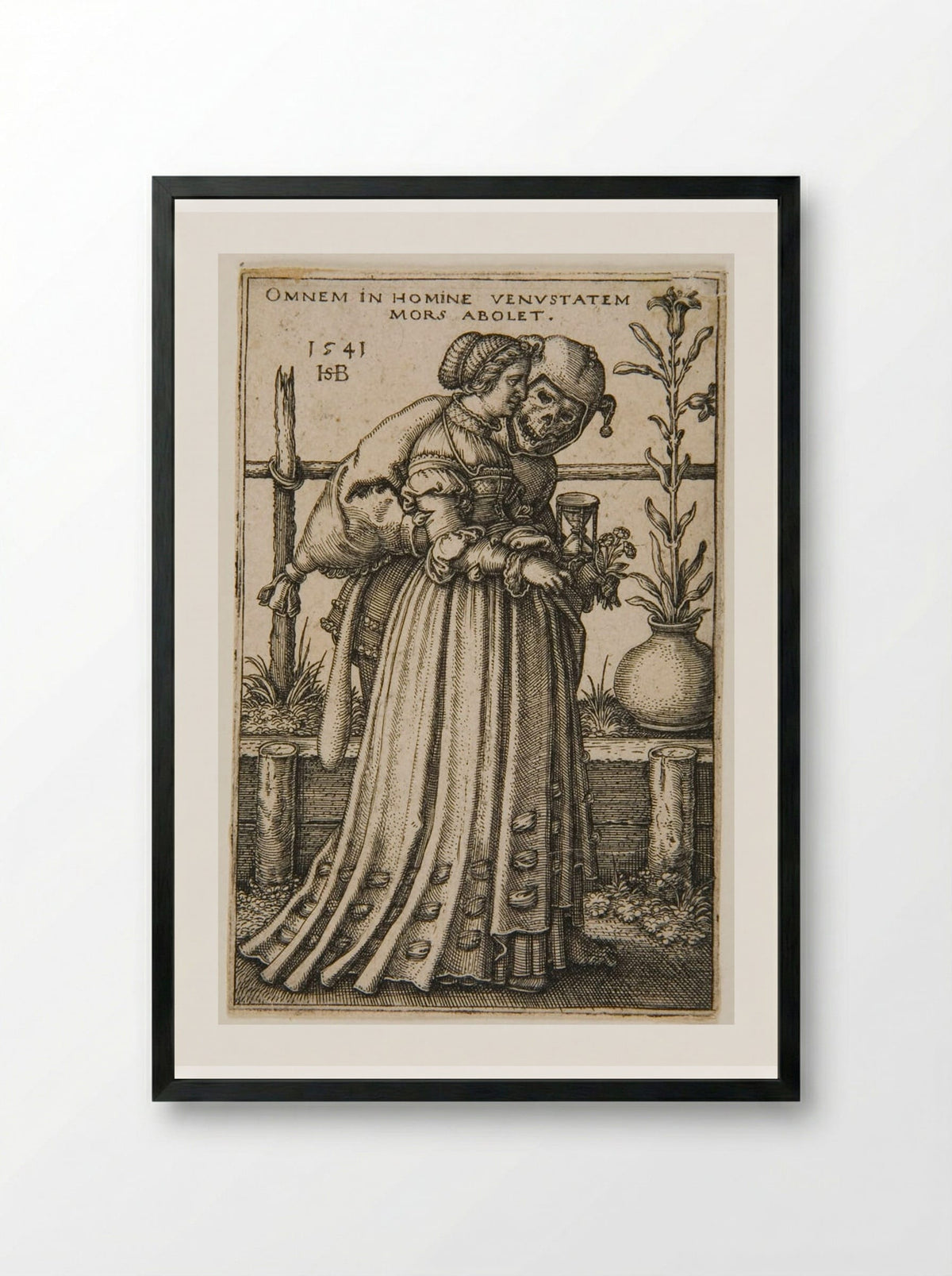 Young Woman Accompanied by Death - Sebald Beham - Framed Print Black