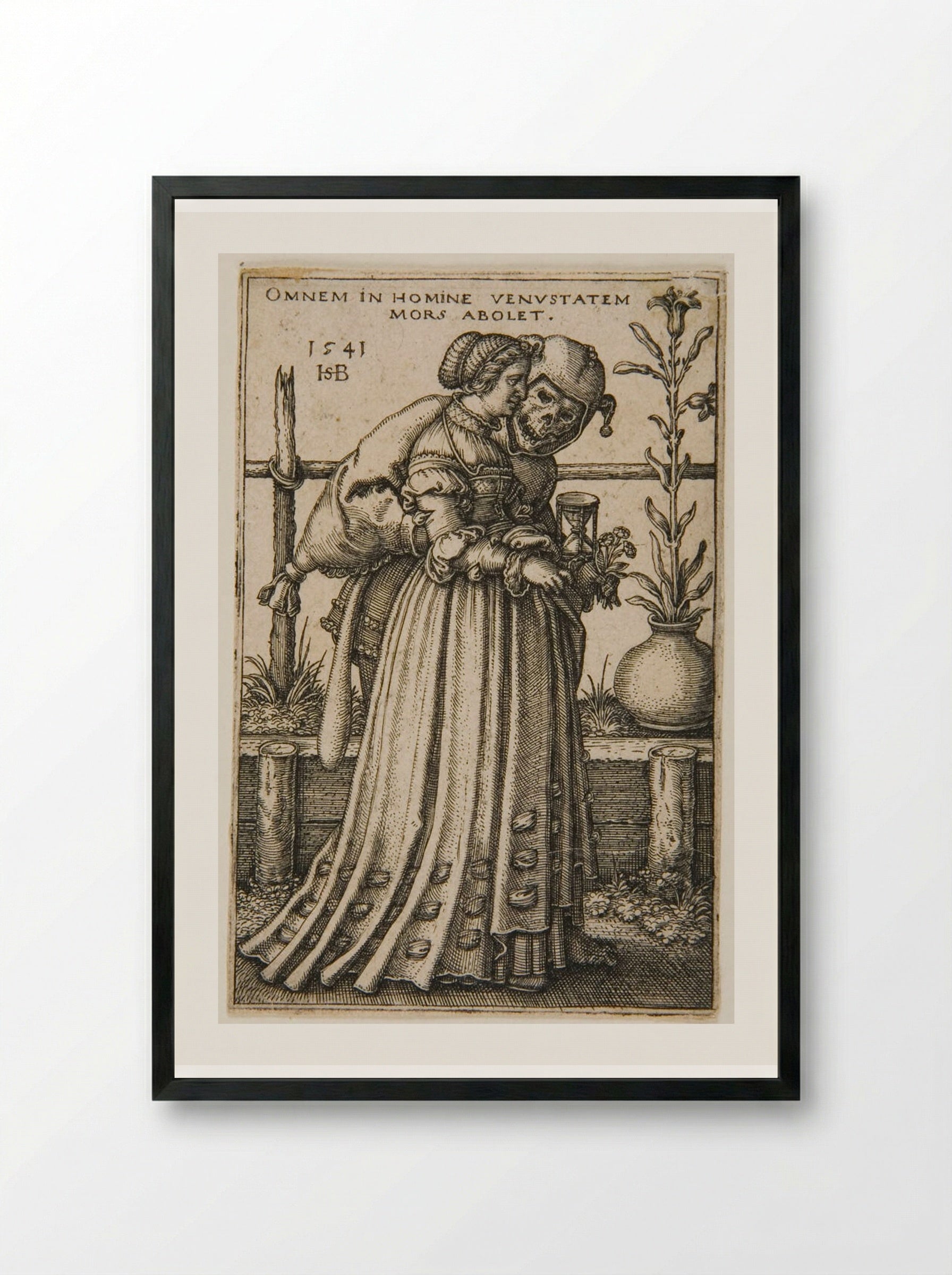 Young Woman Accompanied by Death - Sebald Beham - Framed Print Black