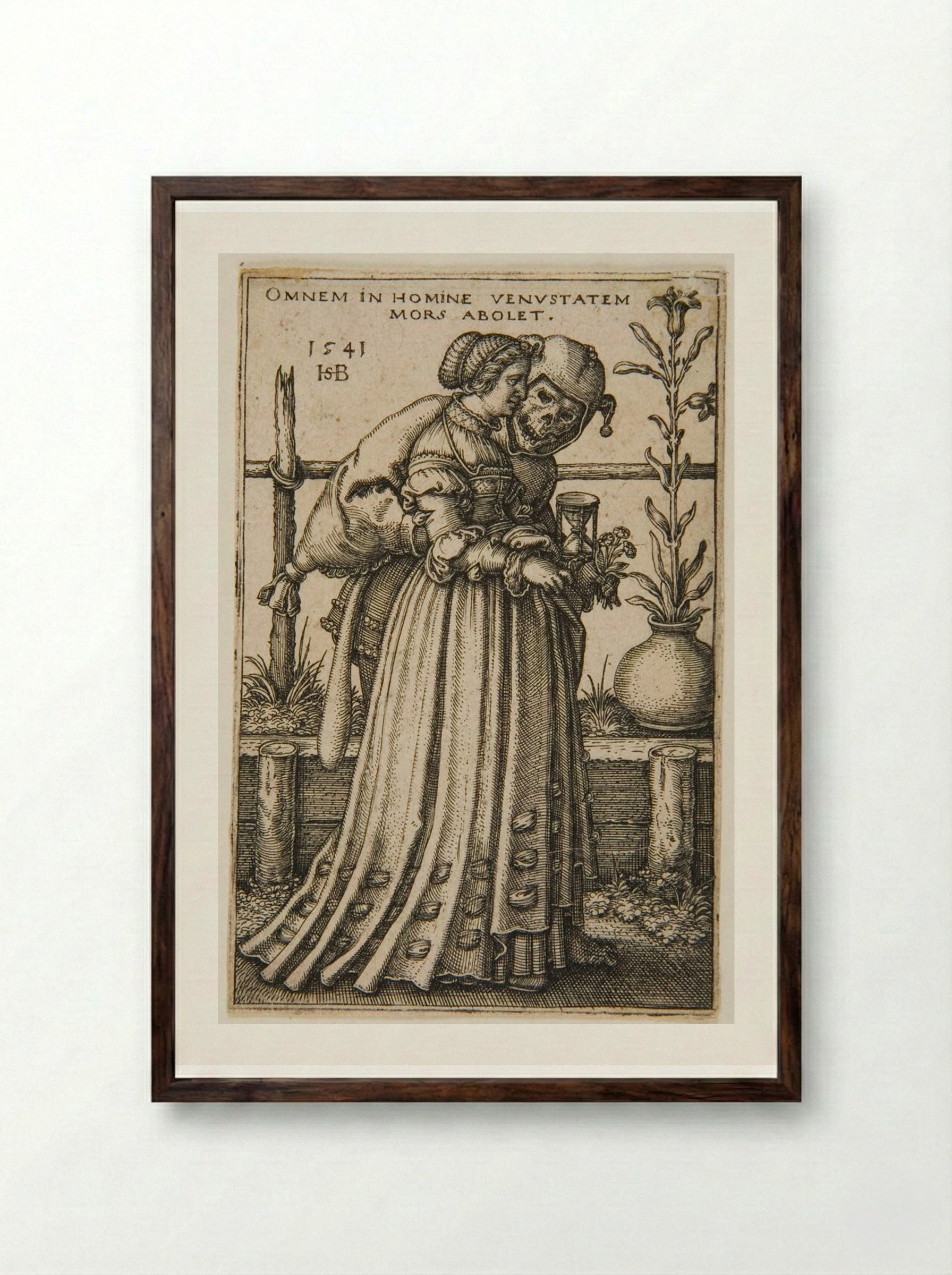 Young Woman Accompanied by Death - Sebald Beham - Framed Print Dark Wood