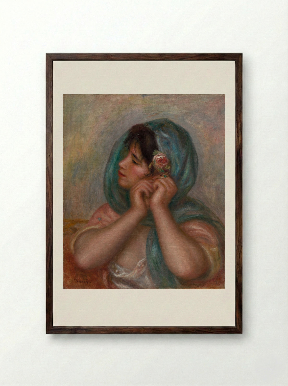 Young Woman Arranging Her Earring - Pierre-Auguste Renoir - Framed Print Dark Wood