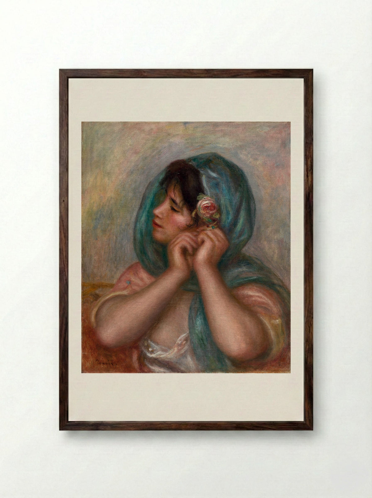 Young Woman Arranging Her Earring - Pierre-Auguste Renoir - Framed Print Dark Wood