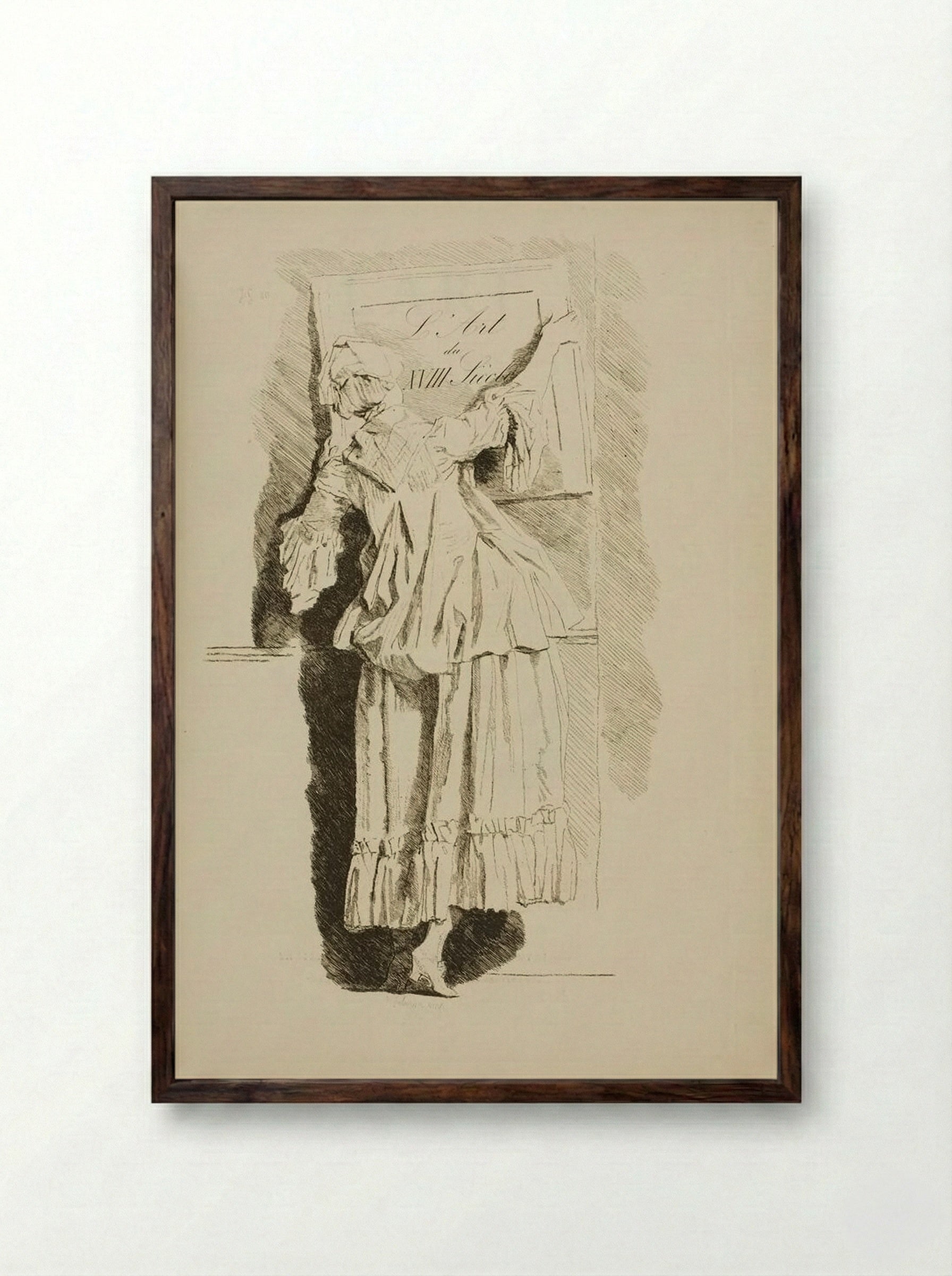 Young Woman Hanging Up a Sign - Jules de Goncourt - Framed Print Dark Wood