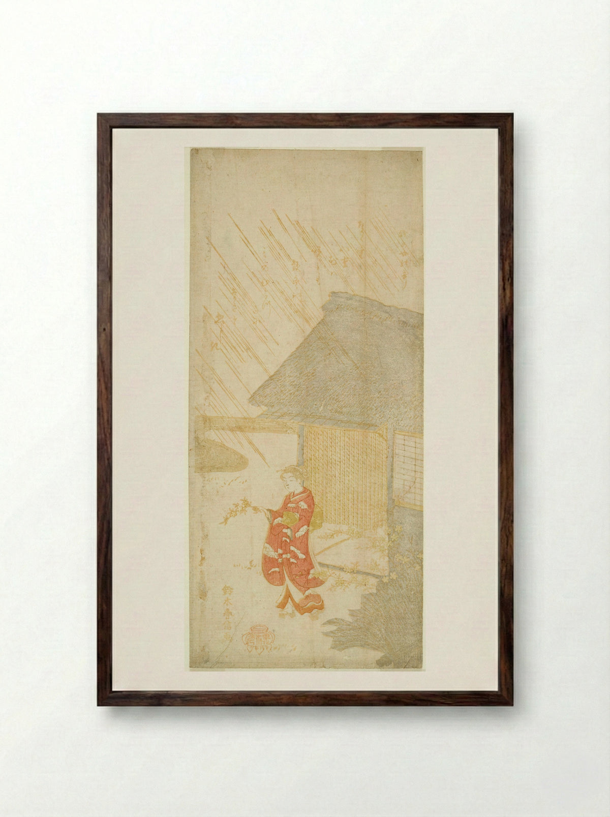 Young Woman Holding a Kerria Branch (parody of Ota Dokan) - Suzuki Harunobu - Framed Print Dark Wood