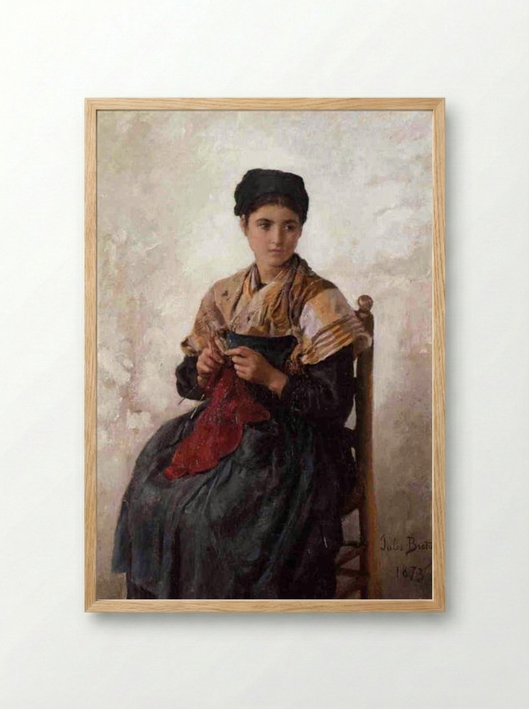Young Woman Knitting - Jules Breton - Framed Print Wood