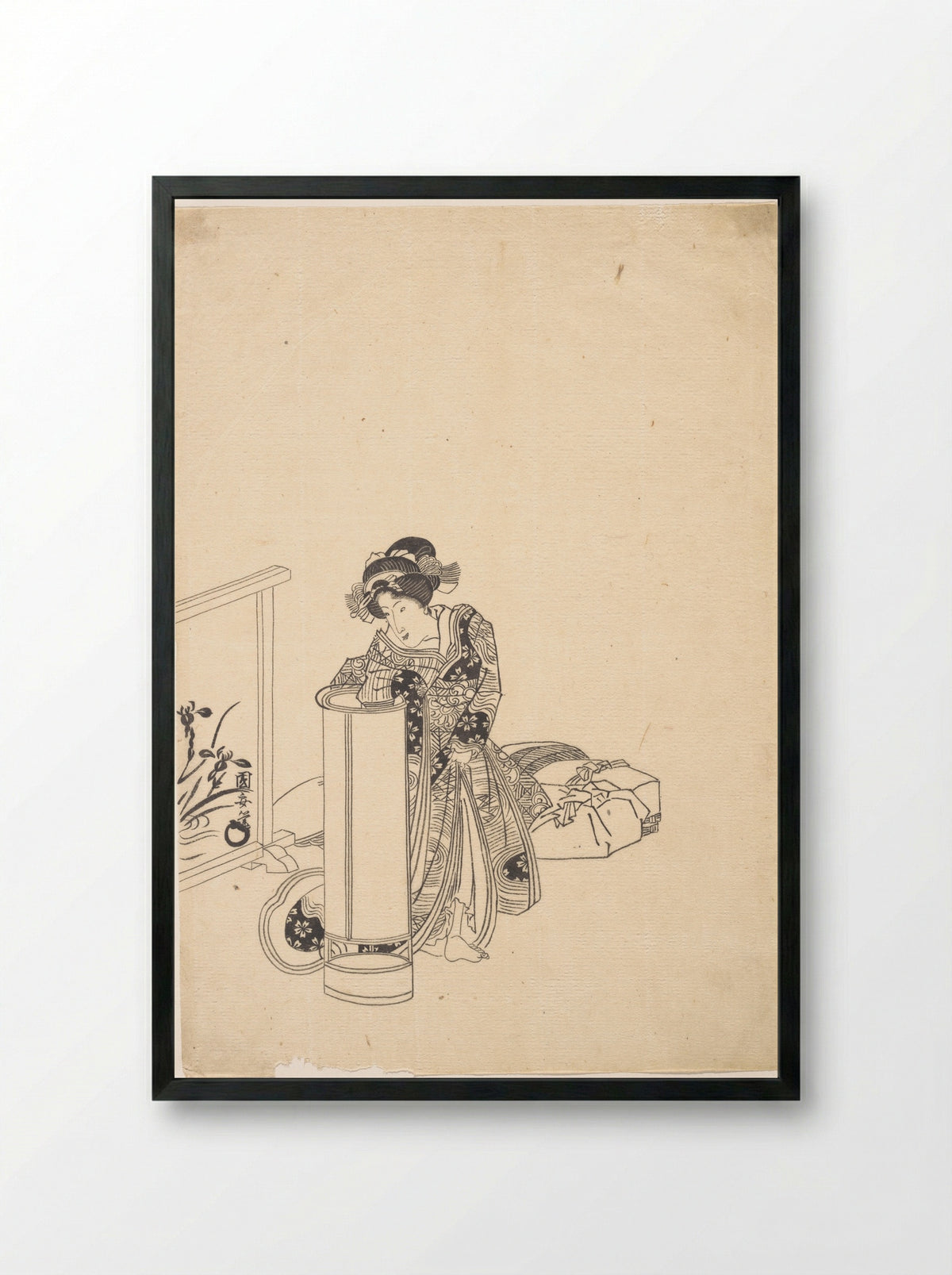 Young Woman Leaning over a Tall Lamp - Utagawa Kuniyasu - Framed Print Black