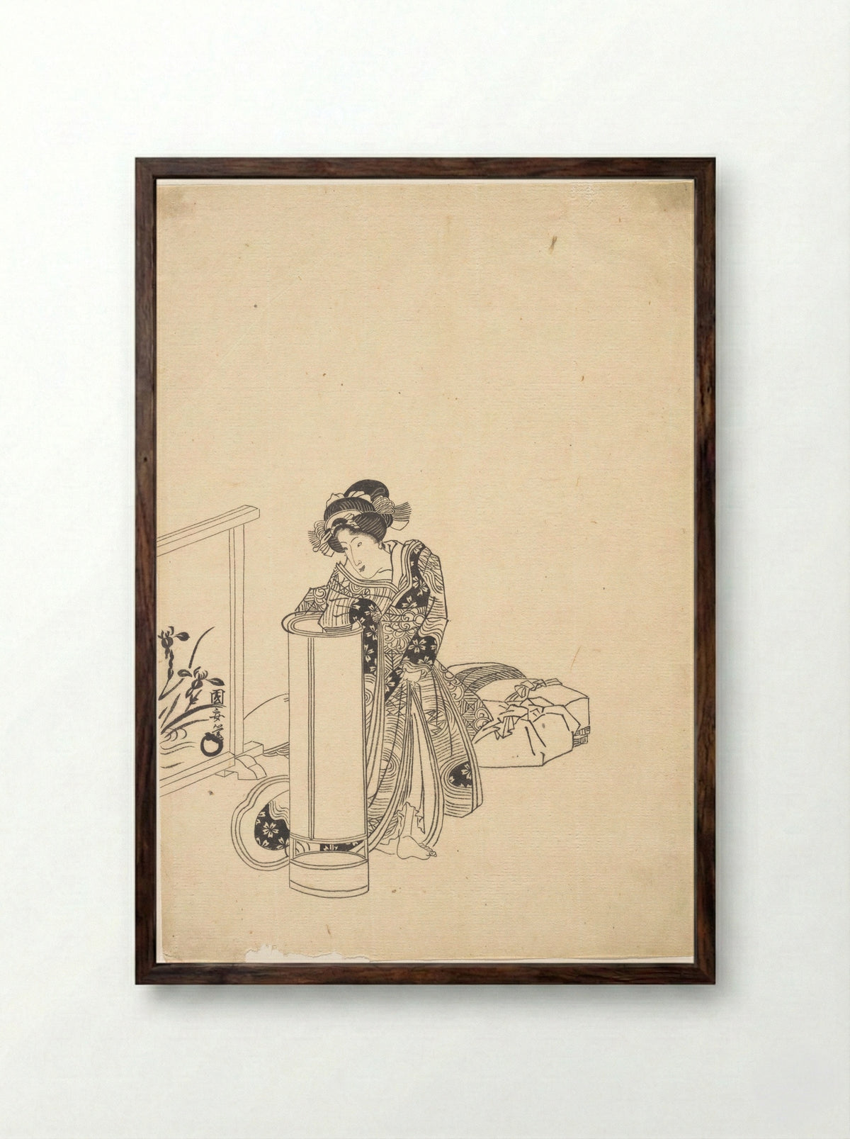 Young Woman Leaning over a Tall Lamp - Utagawa Kuniyasu - Framed Print Dark Wood