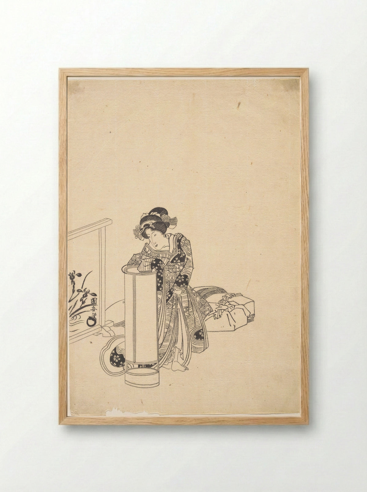 Young Woman Leaning over a Tall Lamp - Utagawa Kuniyasu - Framed Print Wood