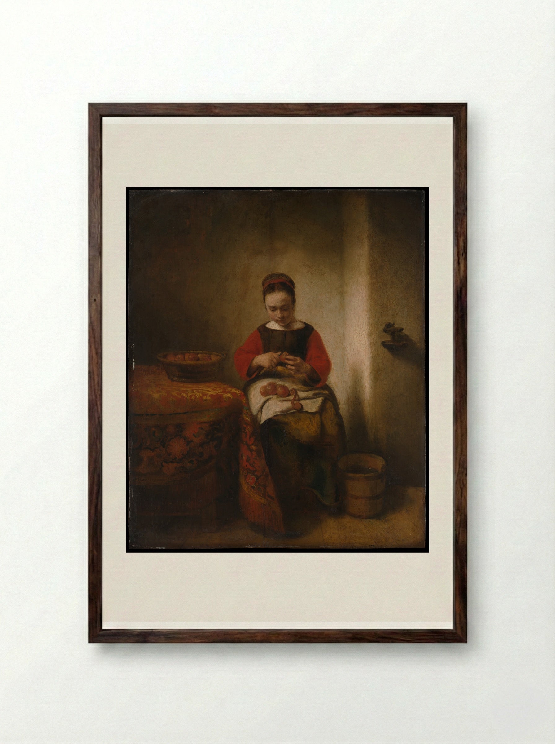 Young Woman Peeling Apples - Nicolaes Maes - Framed Print Dark Wood