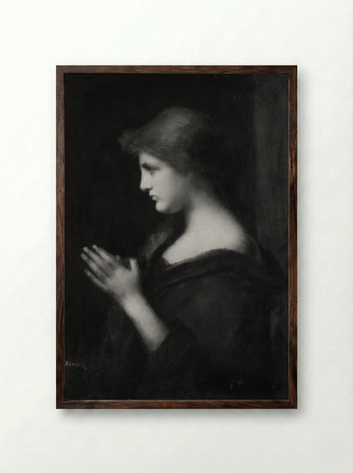 Young Woman Praying - Jean-Jacques Henner - Framed Print Dark Wood