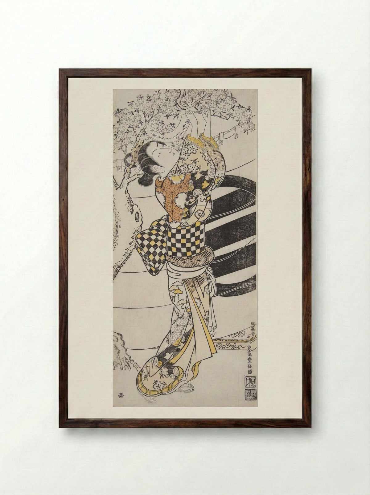 Young Woman Reading Tanzaku Tied to a Cherry Tree - Ishikawa Toyonobu - Framed Print Dark Wood