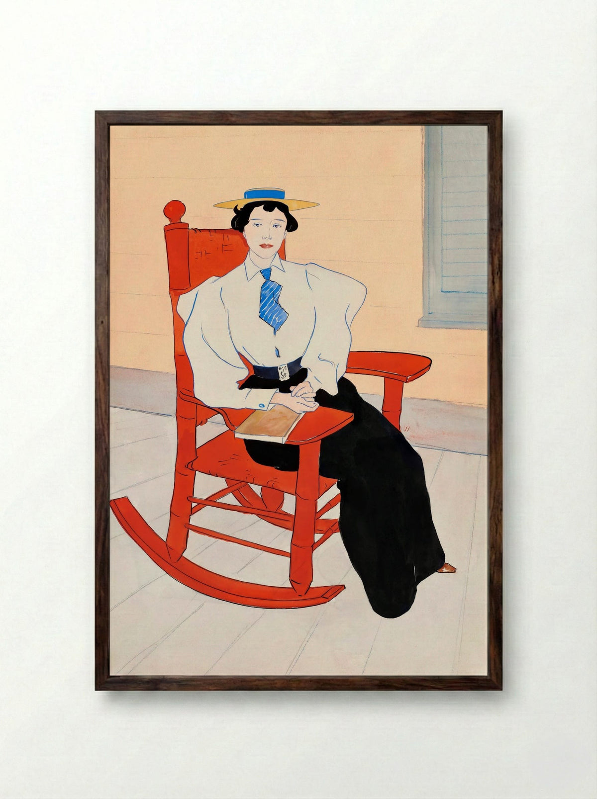 Young Woman Seated in a Red Rocking Chair - Edward Penfield - Framed Print Dark Wood
