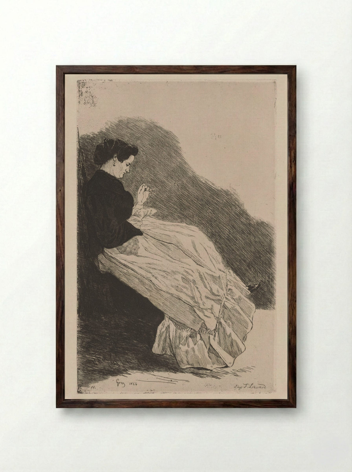 Young Woman Sewing - Jules de Goncourt - Framed Print Dark Wood