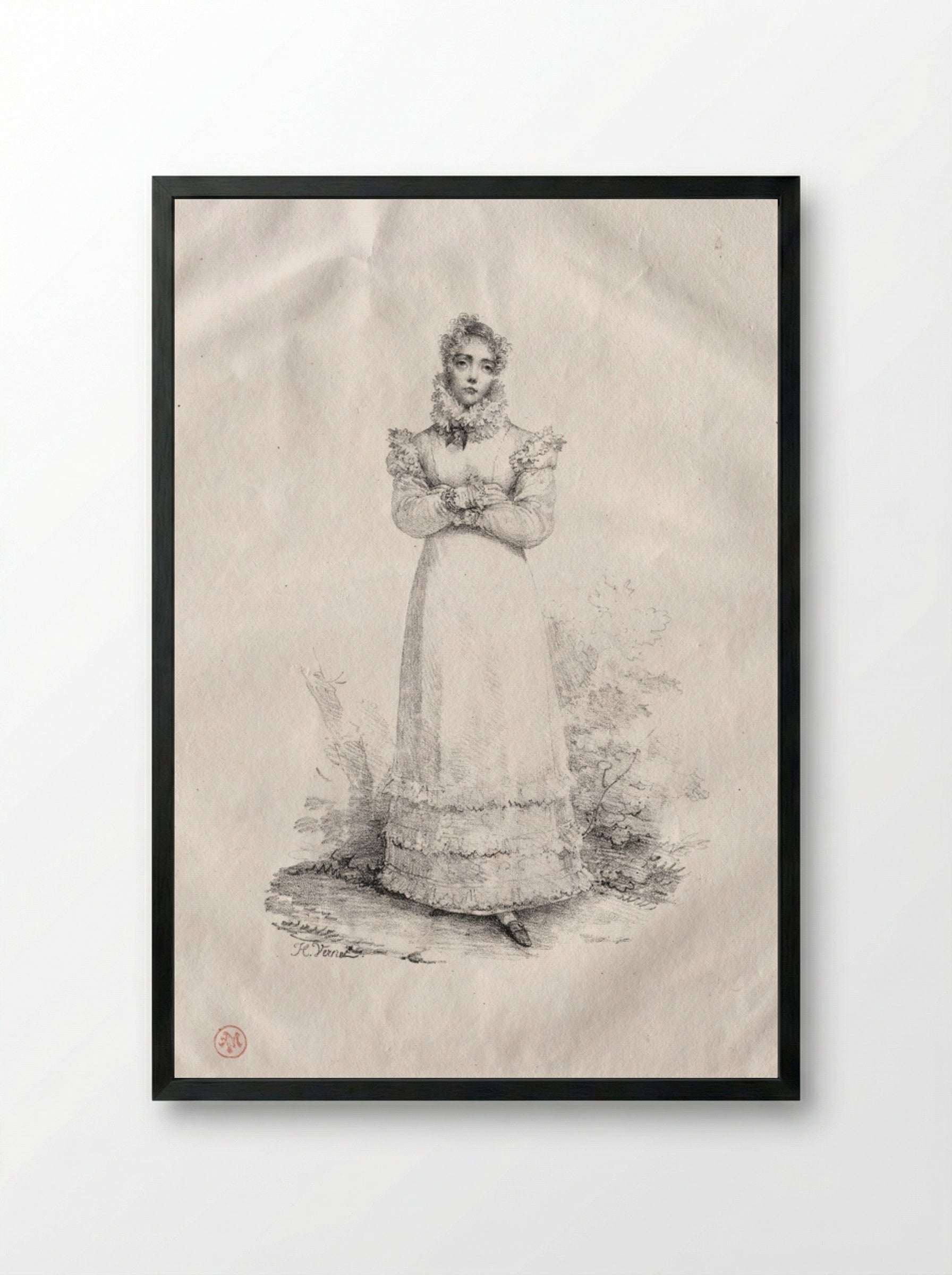 Young Woman Standing - Horace Vernet - Framed Print Black
