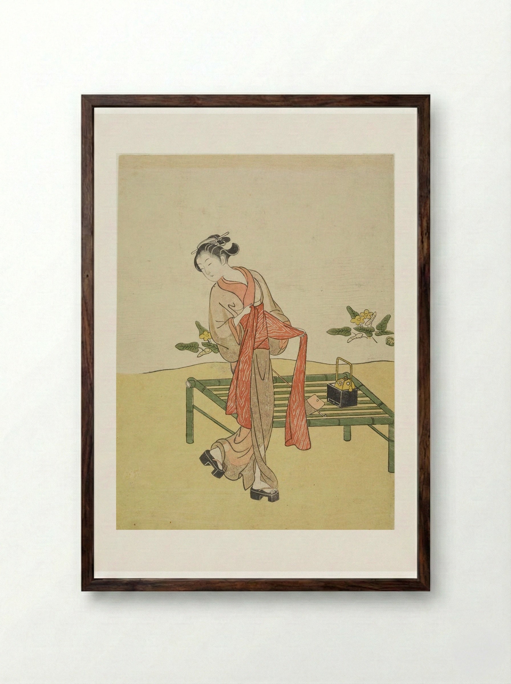 Young Woman Tying Obi Beside Bamboo Bench - Suzuki Harunobu - Framed Print Dark Wood
