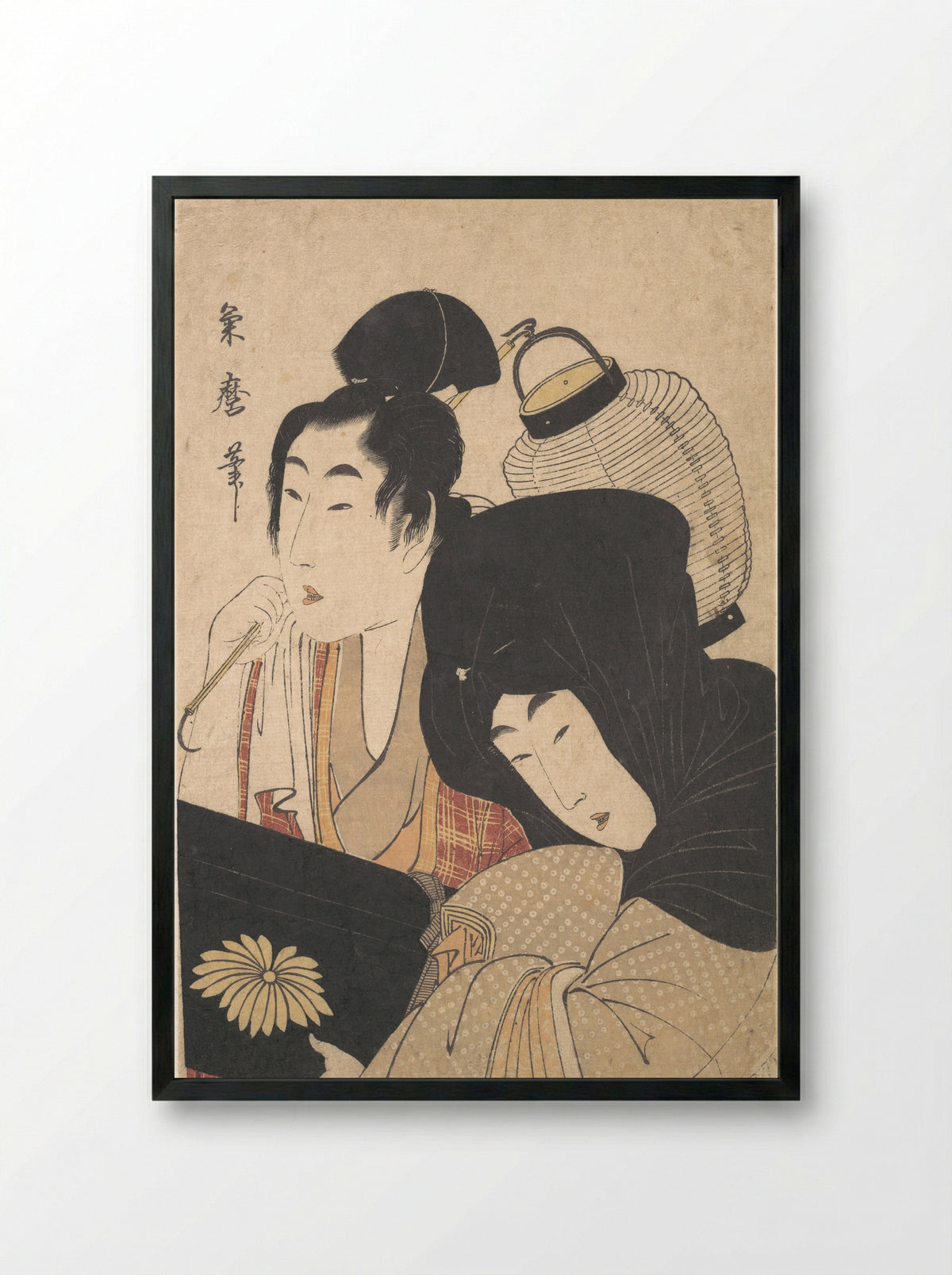 Young Woman at Night accompanied by a Servant Carrying a Lantern and a Shamisen Box - Kitagawa Kikumaro - Framed Print Black