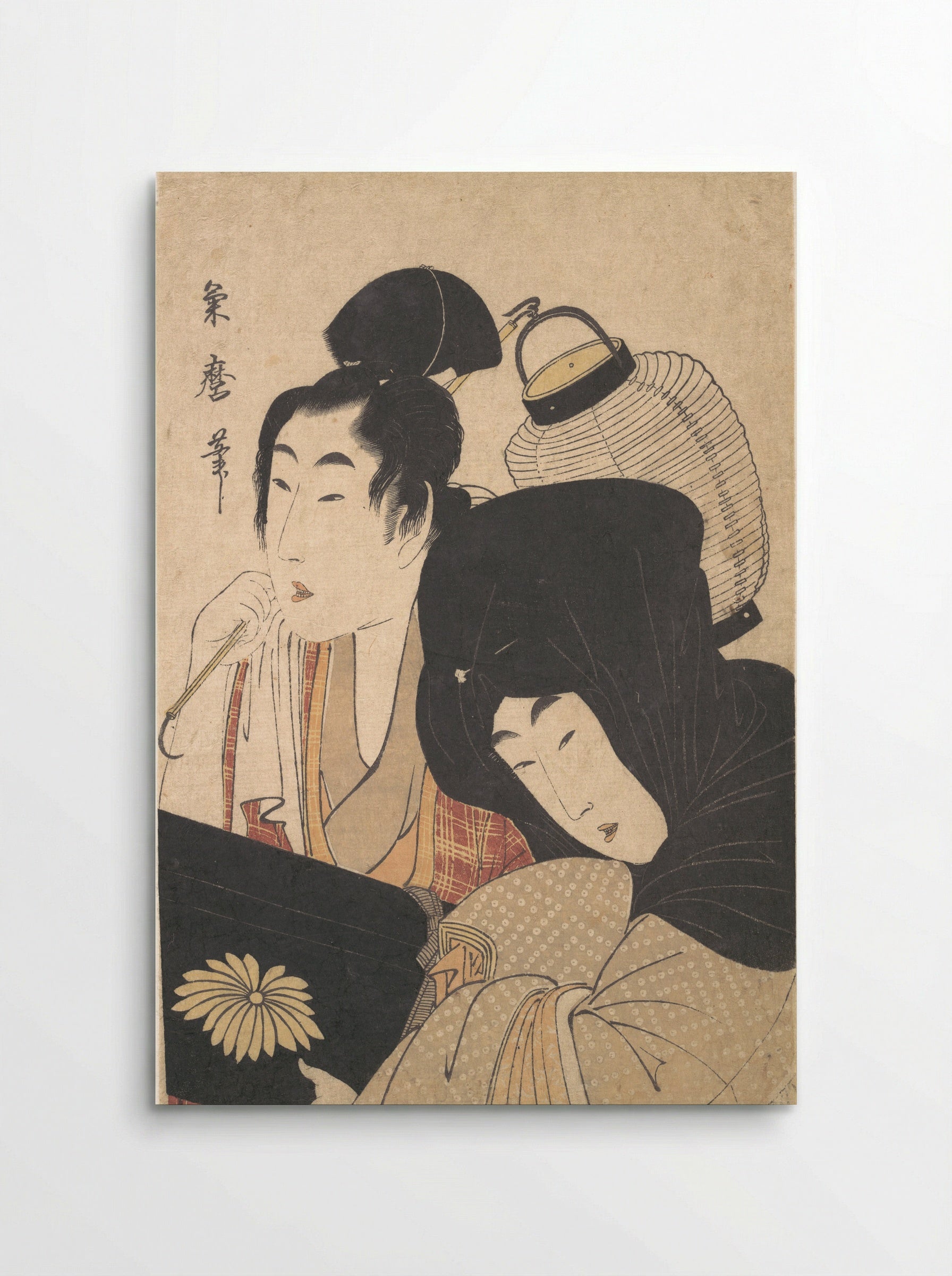 Young Woman at Night accompanied by a Servant Carrying a Lantern and a Shamisen Box - Kitagawa Kikumaro - Poster