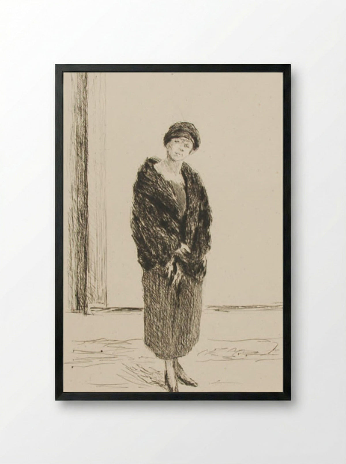 Young Woman in a Fur Coat - Max Liebermann - Framed Print Black