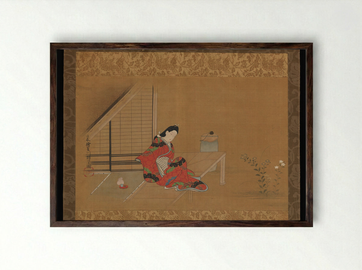 Young Woman on a Veranda - Furuyama Moroshige - Framed Print Dark Wood