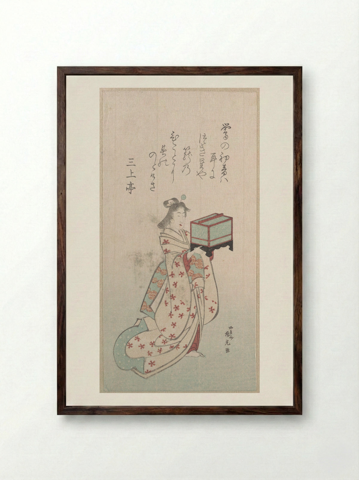 Young Woman with a Birdcage - Ryūgetsusai Shinkō - Framed Print Dark Wood