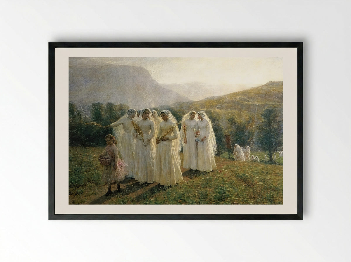 Young Women Going to a Procession - Jules Breton - Framed Print Black