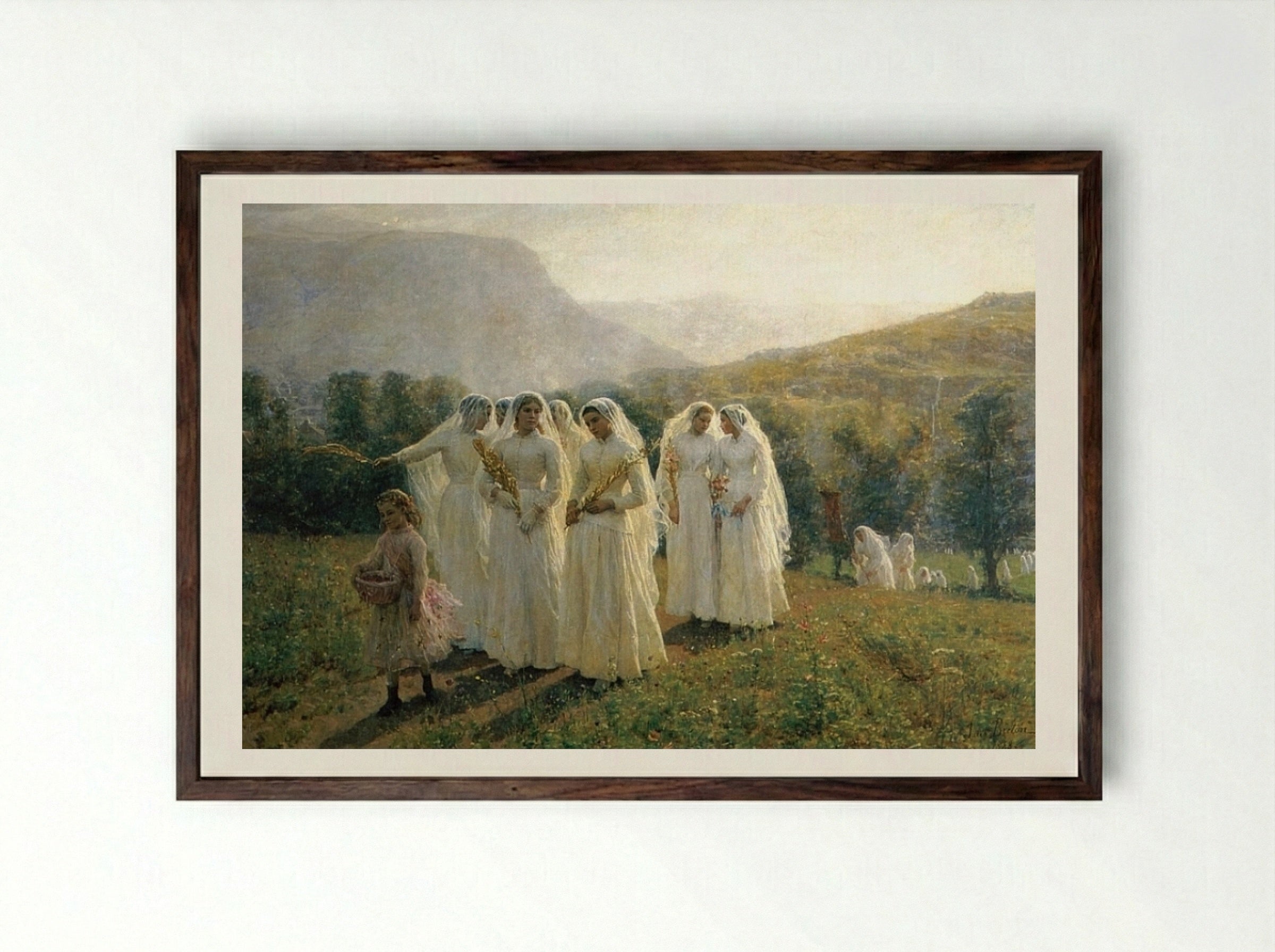 Young Women Going to a Procession - Jules Breton - Framed Print Dark Wood