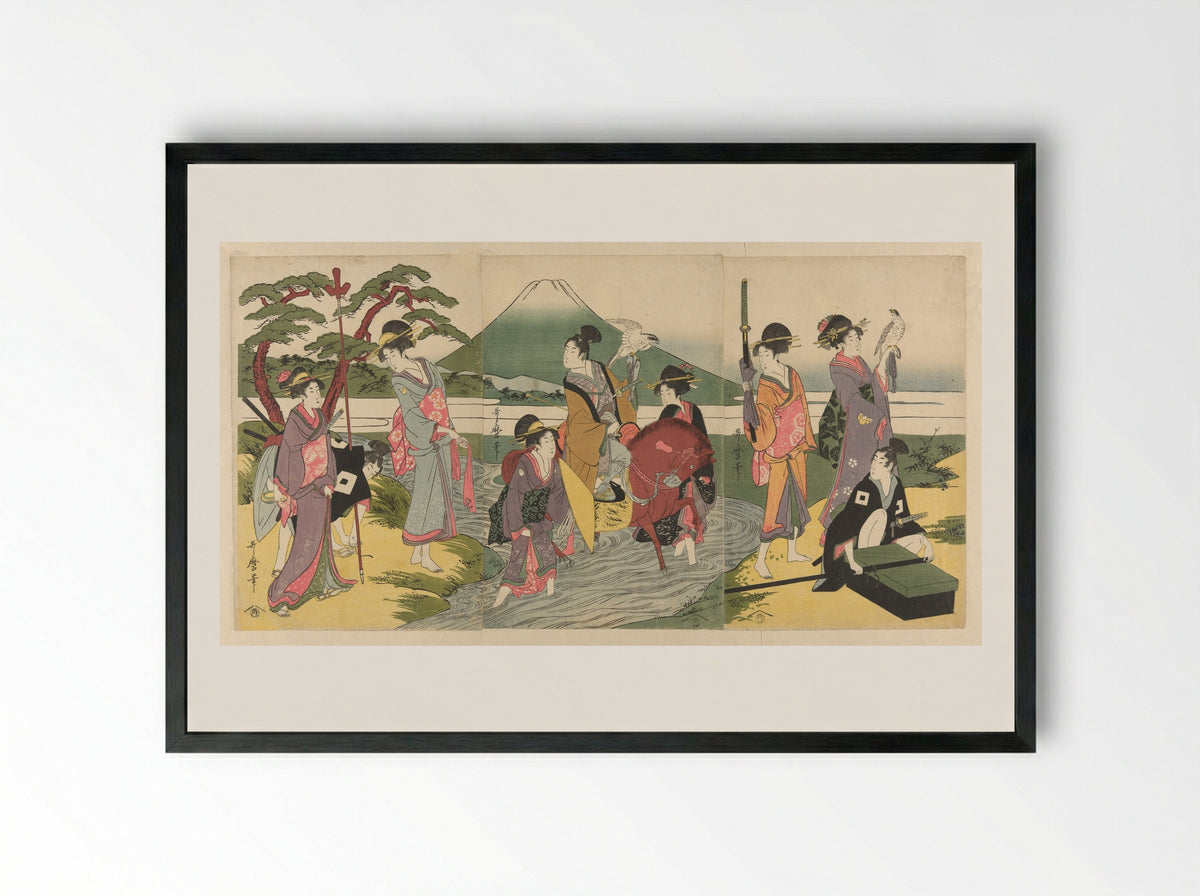 Young man and his party crossing a stream before Mt. Fuji - Kitagawa Utamaro - Framed Print Black