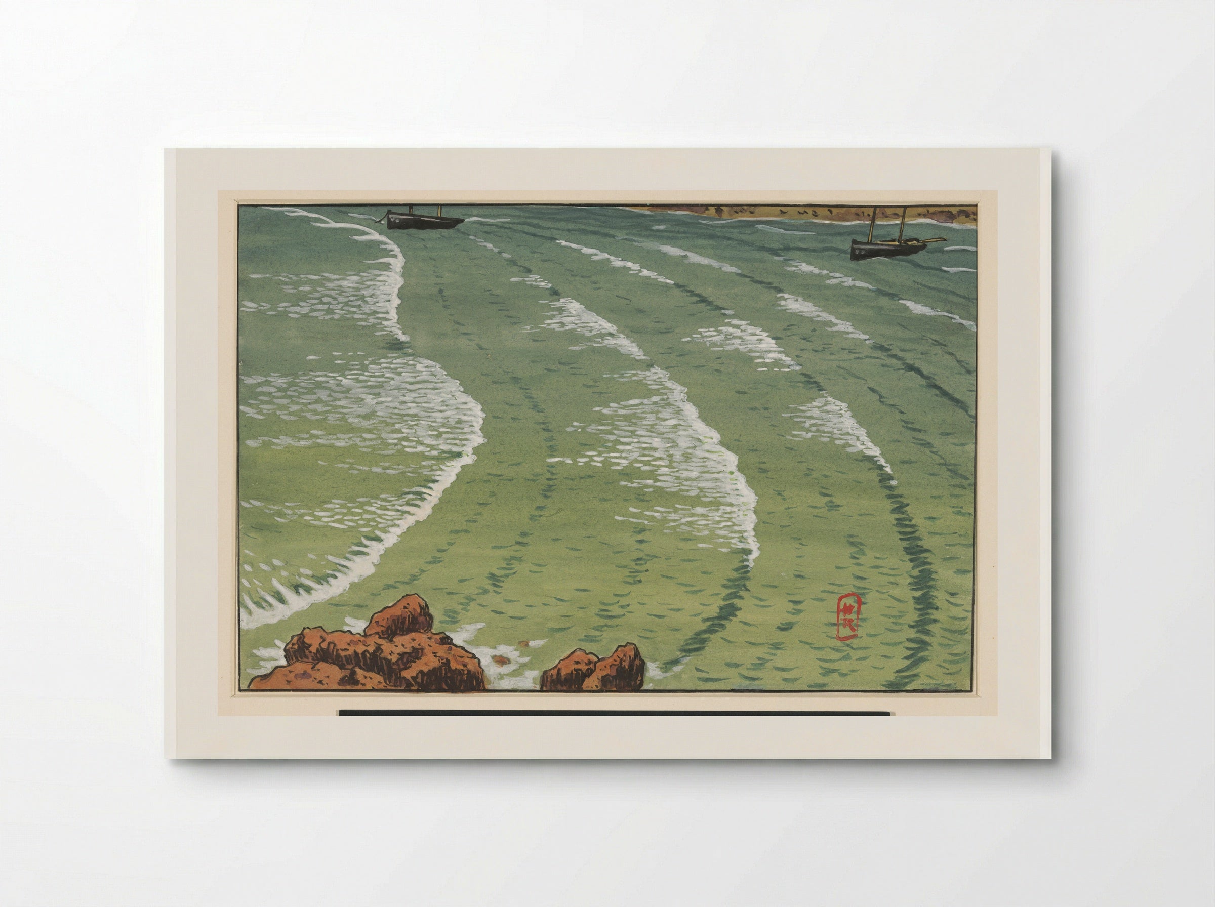 Zee, in een baai, met schepen voor de rotsige kust - Henri Rivière - Poster