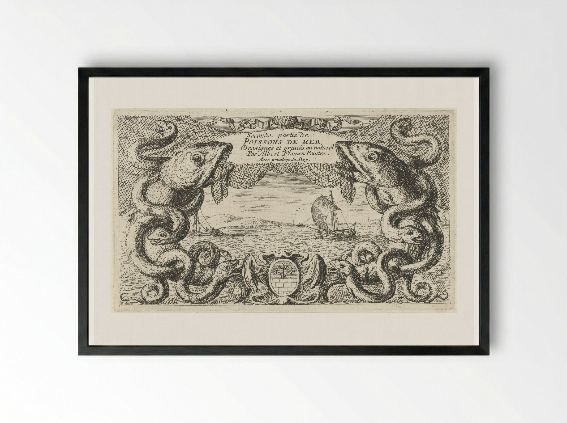 Zeegezicht met rand van zeedieren en een visnet - Jacques van Merlen - Framed Print Black