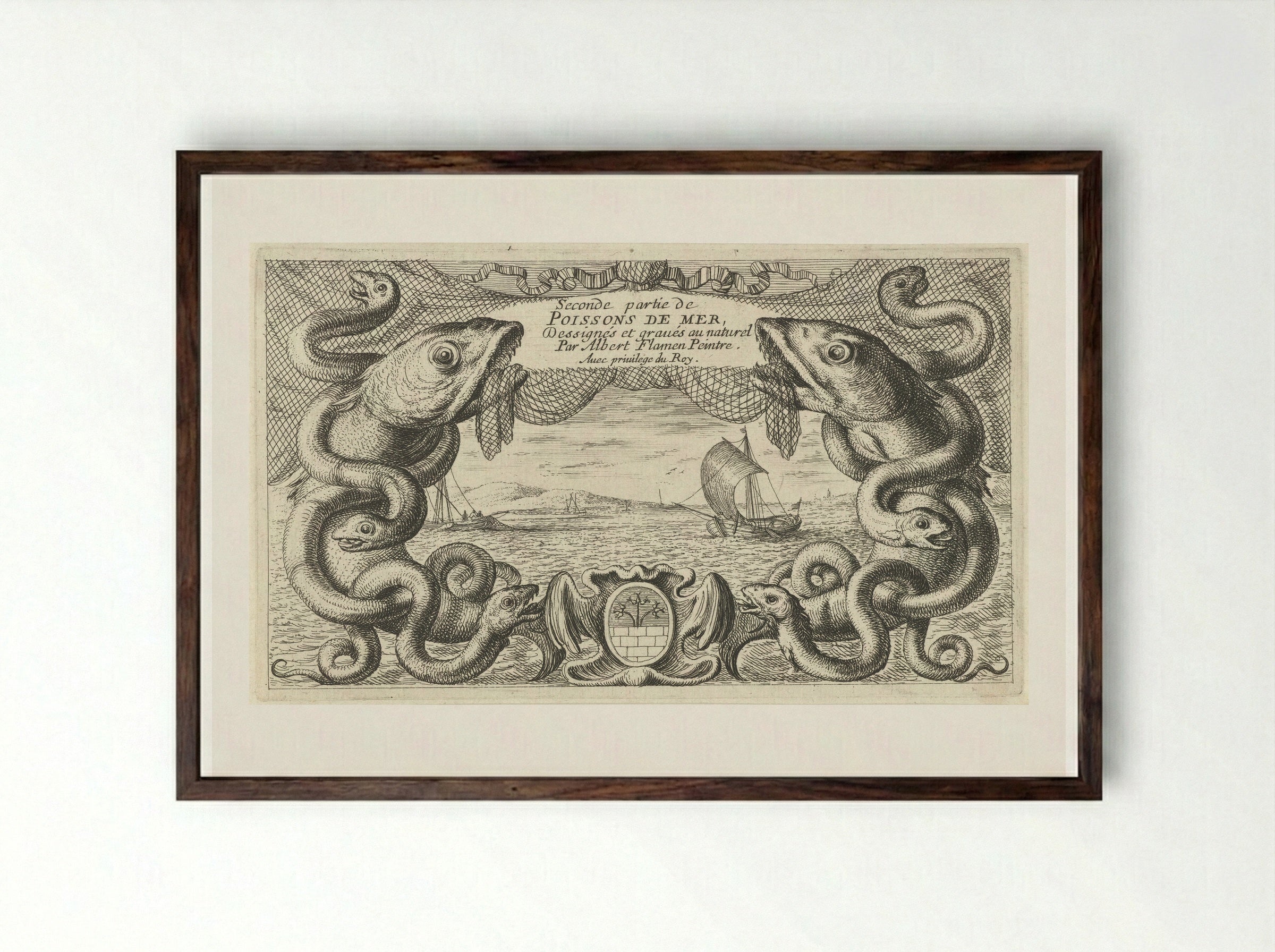 Zeegezicht met rand van zeedieren en een visnet - Jacques van Merlen - Framed Print Dark Wood