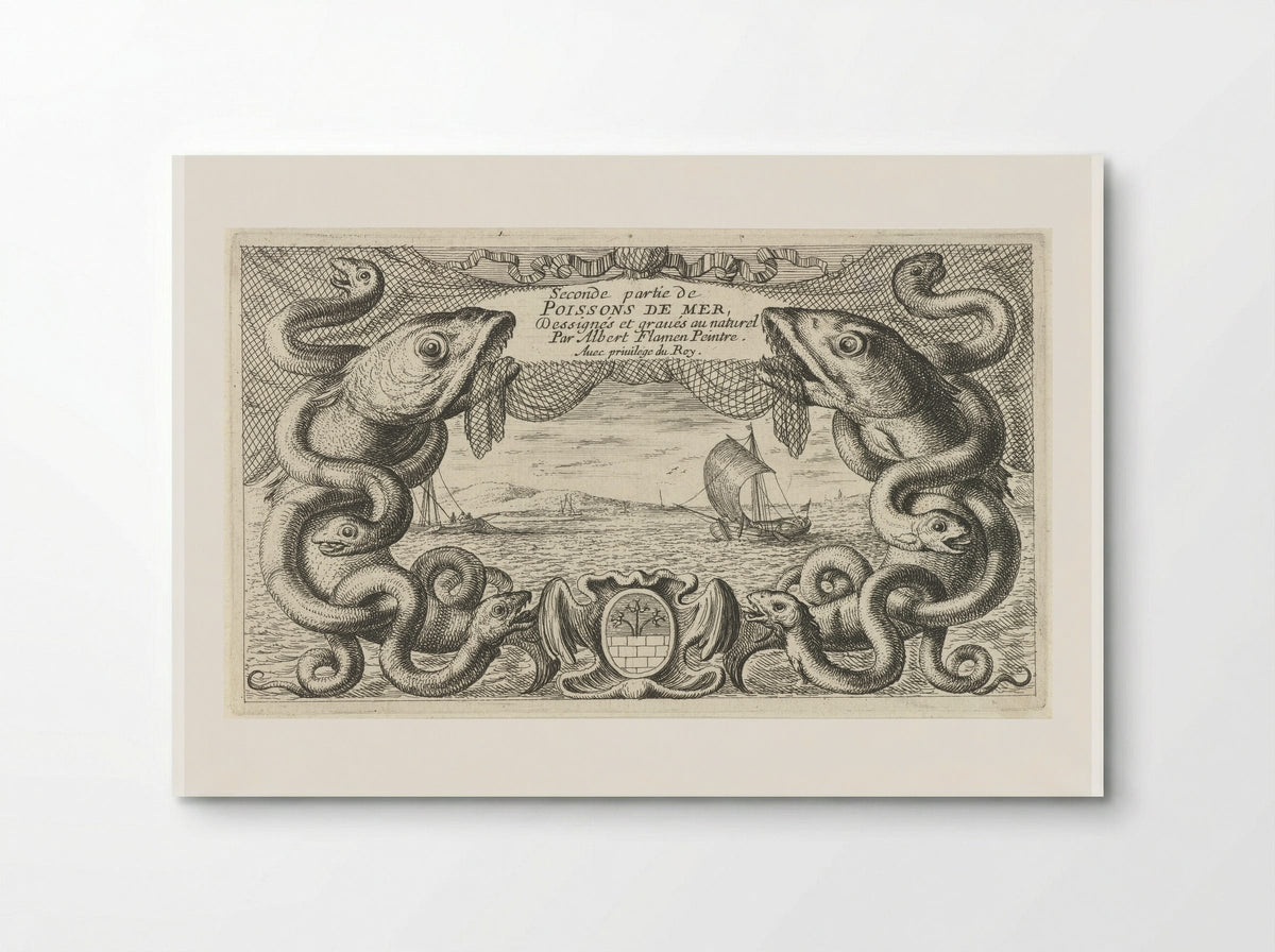 Zeegezicht met rand van zeedieren en een visnet - Jacques van Merlen - Poster