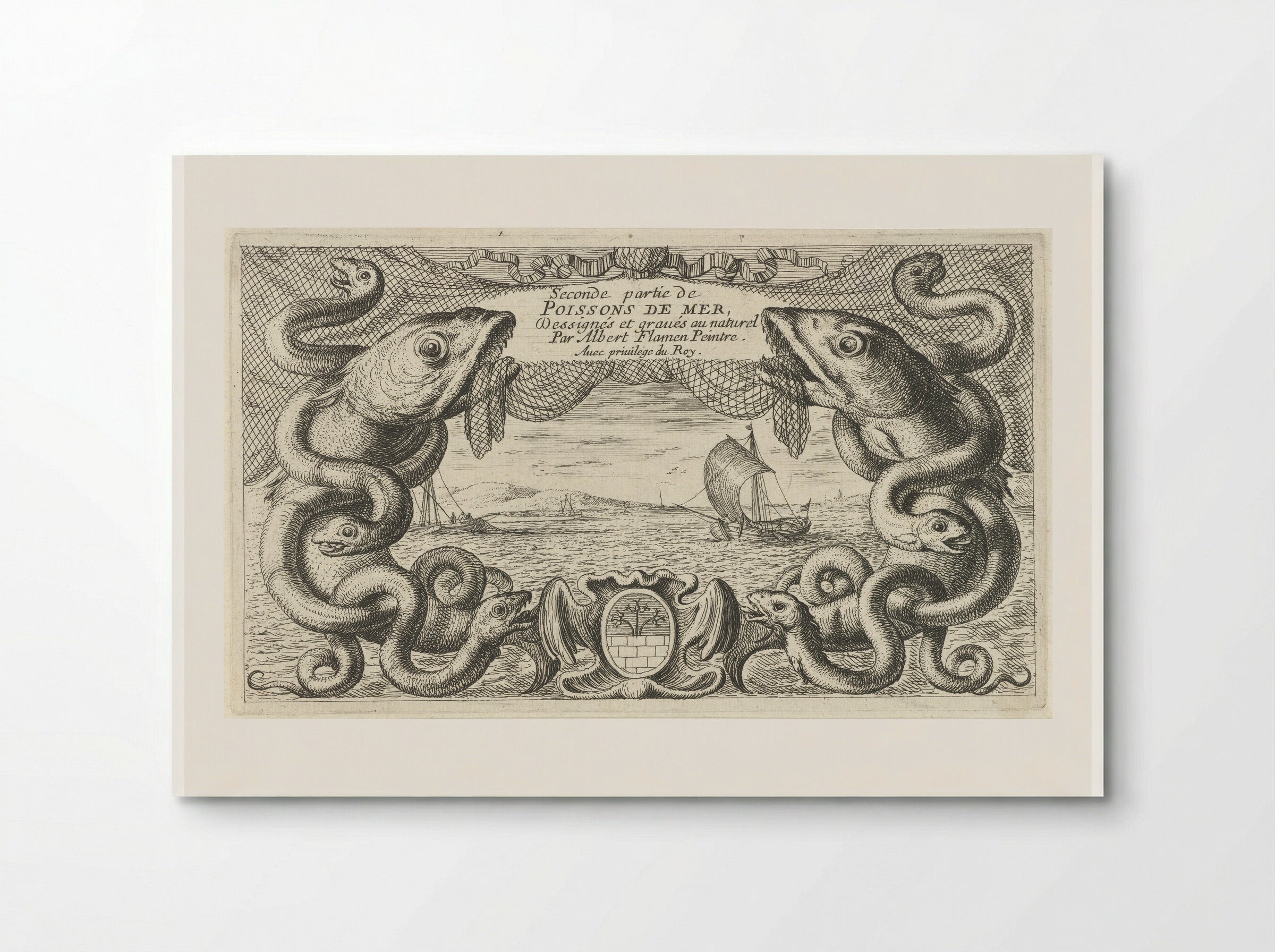 Zeegezicht met rand van zeedieren en een visnet - Jacques van Merlen - Poster