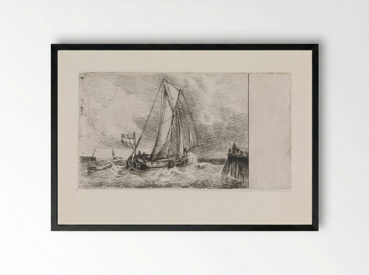 Zeegezicht met schip - Petrus Johannes Schotel - Framed Print Black