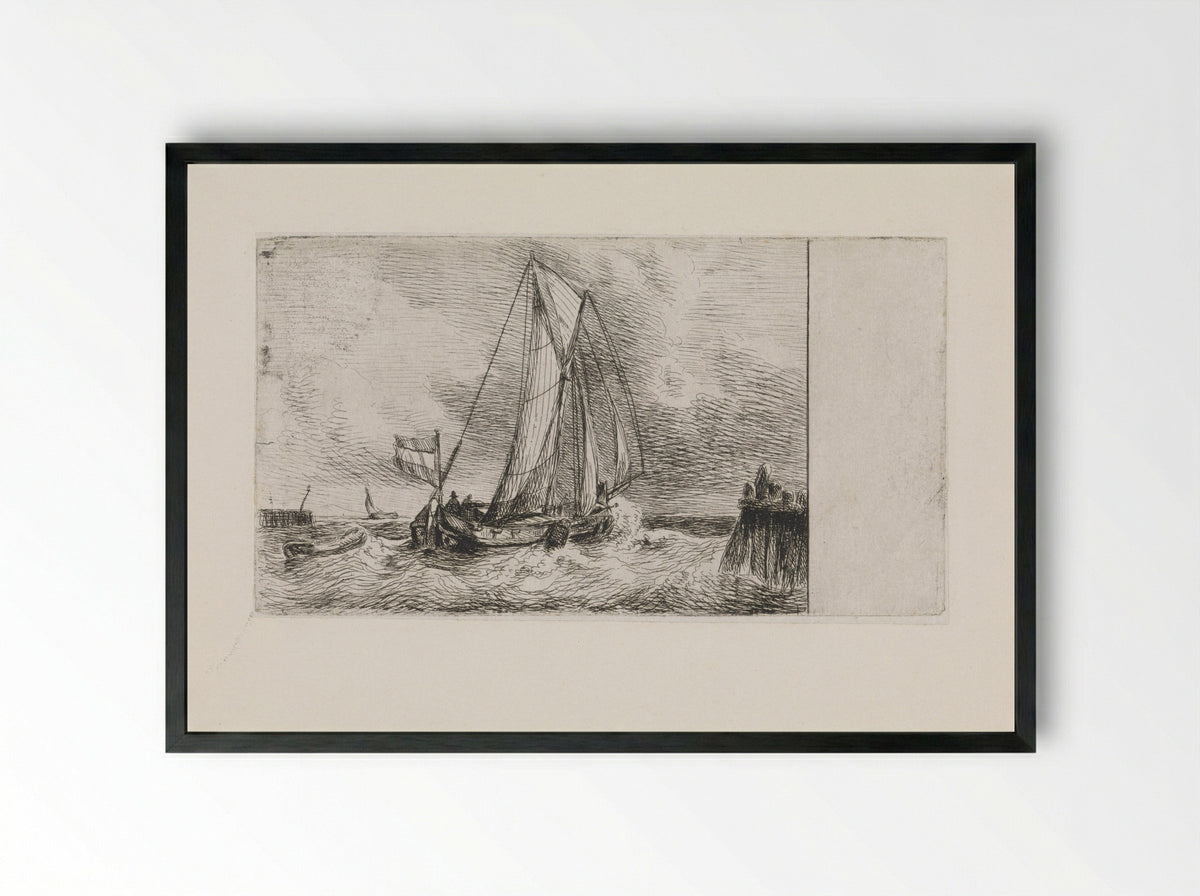 Zeegezicht met schip - Petrus Johannes Schotel - Framed Print Black