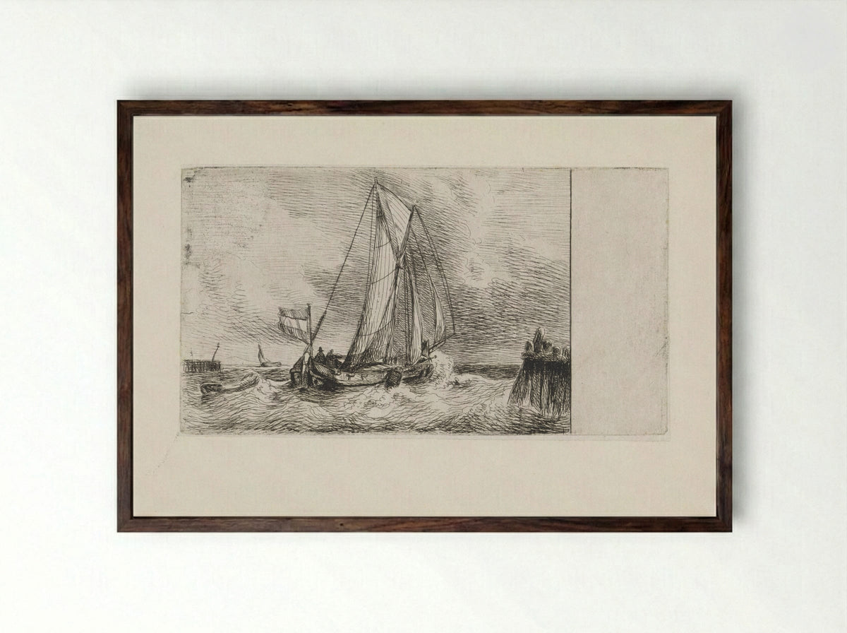 Zeegezicht met schip - Petrus Johannes Schotel - Framed Print Dark Wood