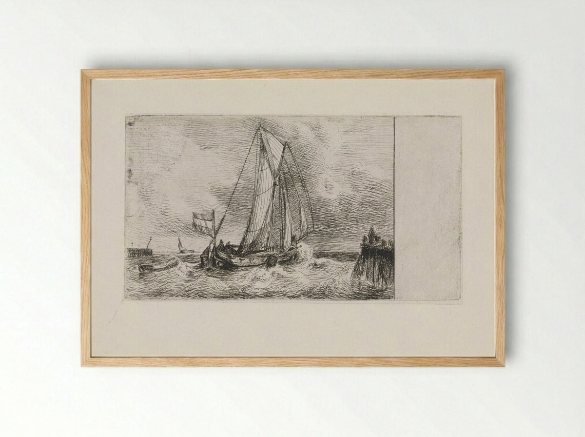 Zeegezicht met schip - Petrus Johannes Schotel - Framed Print Wood