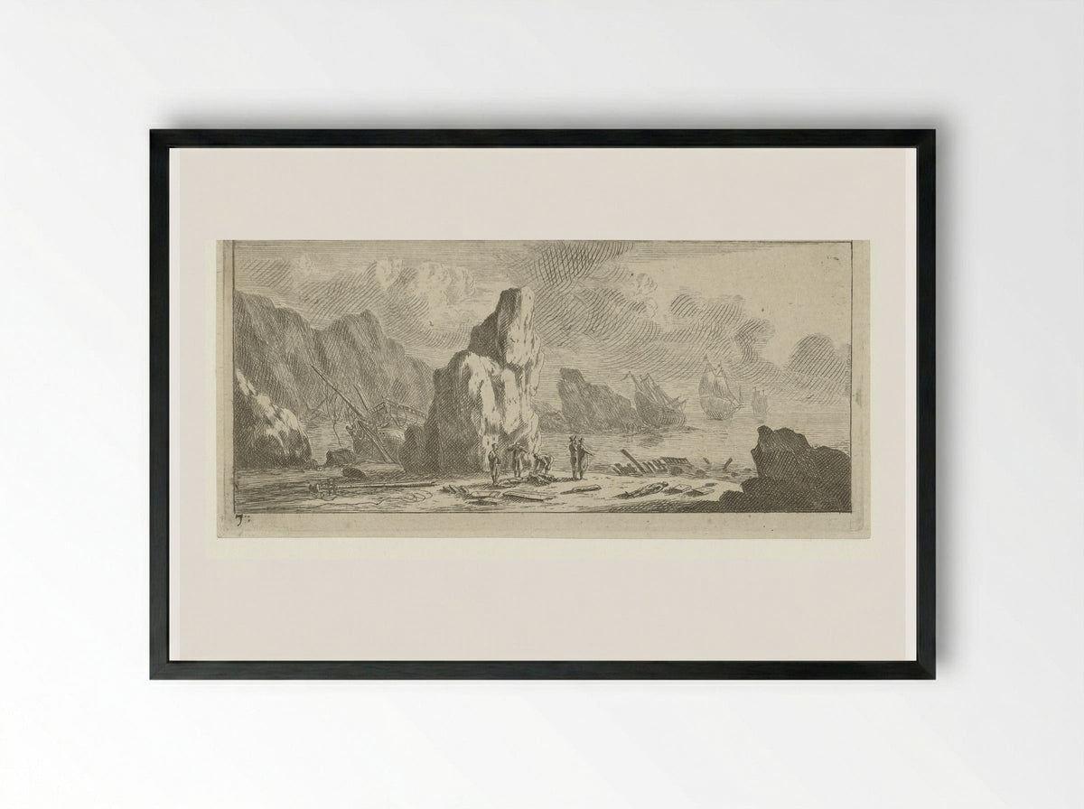 Zeegezicht met schipbreuk lijdende schepen - Reinier Nooms - Framed Print Black