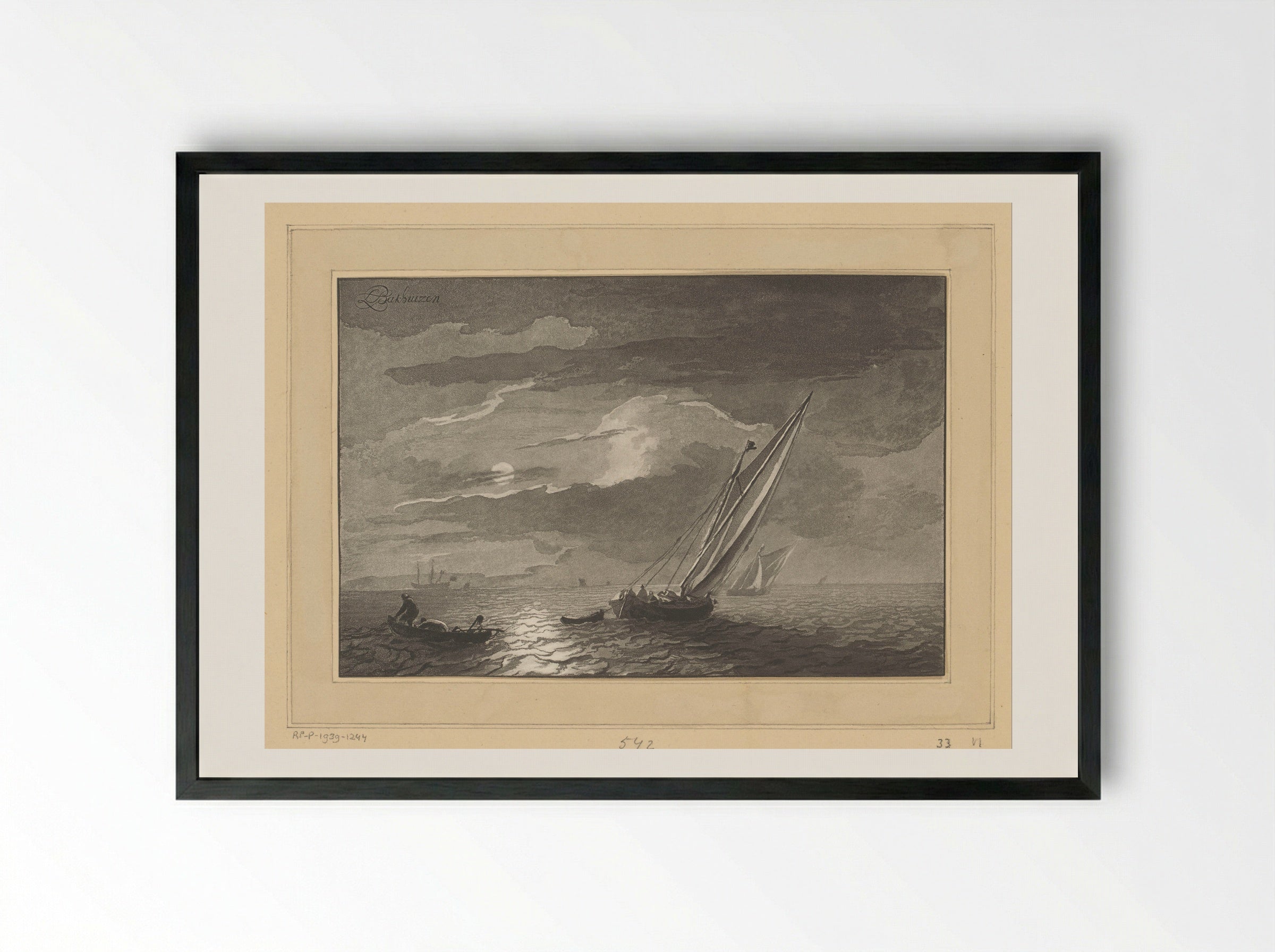 Zeegezicht met volle maan - Cornelis Brouwer - Framed Print Black